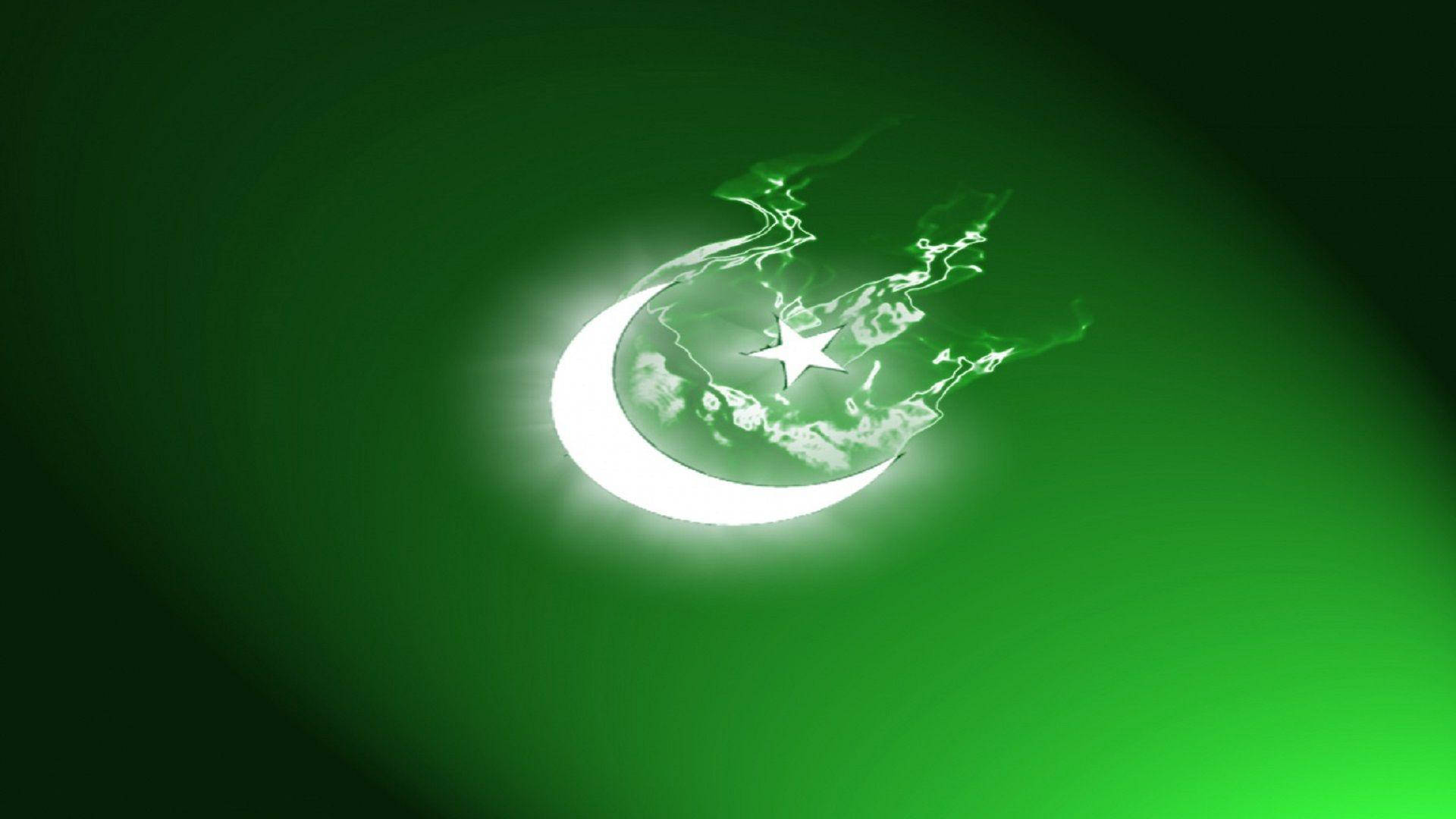 Pakistan, glowing white crescent moon, star emblem, Full HD Desktop Wallpaper