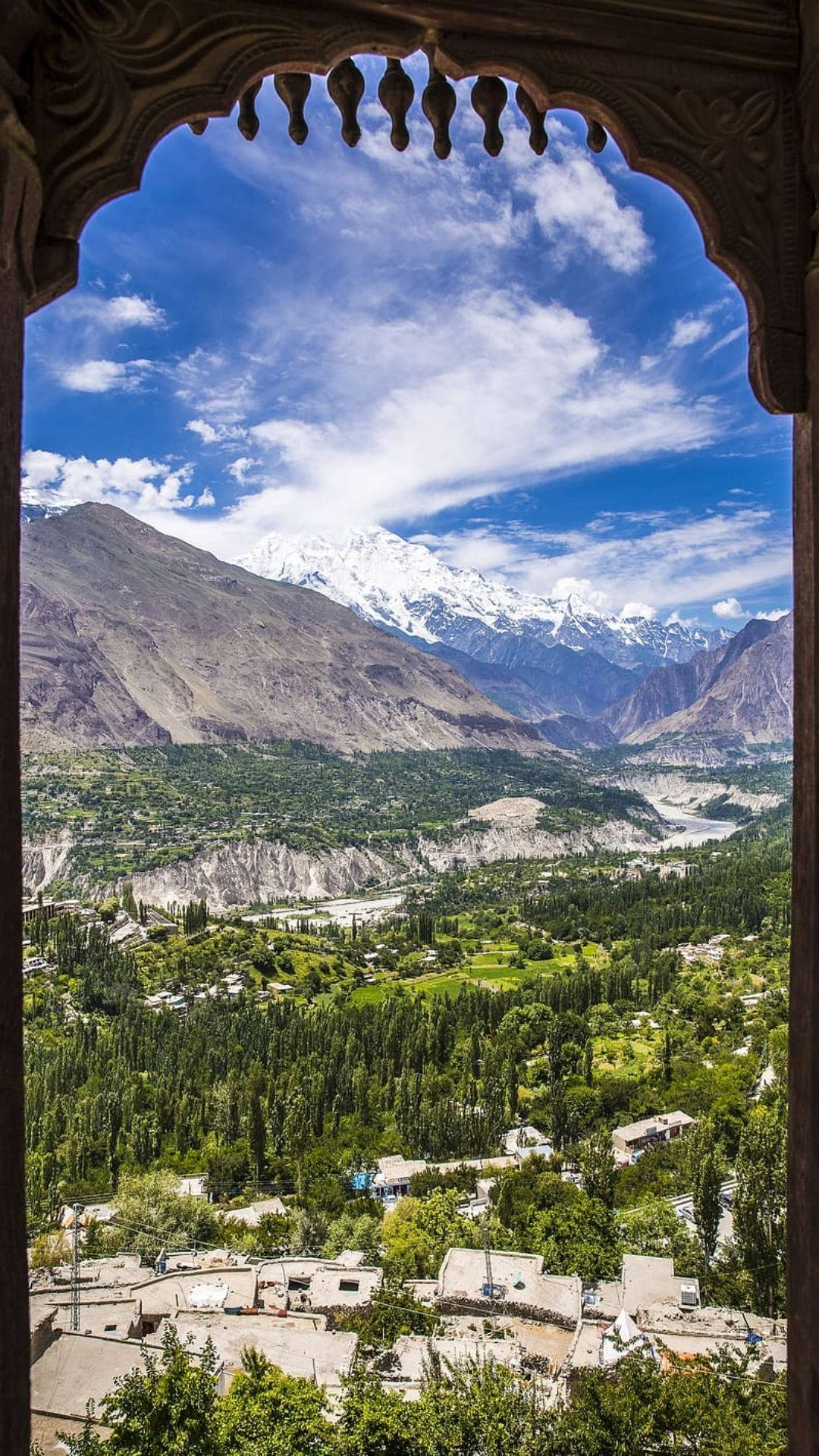 Pakistan, ornate arched window, lush valley, Full HD Phone Wallpaper