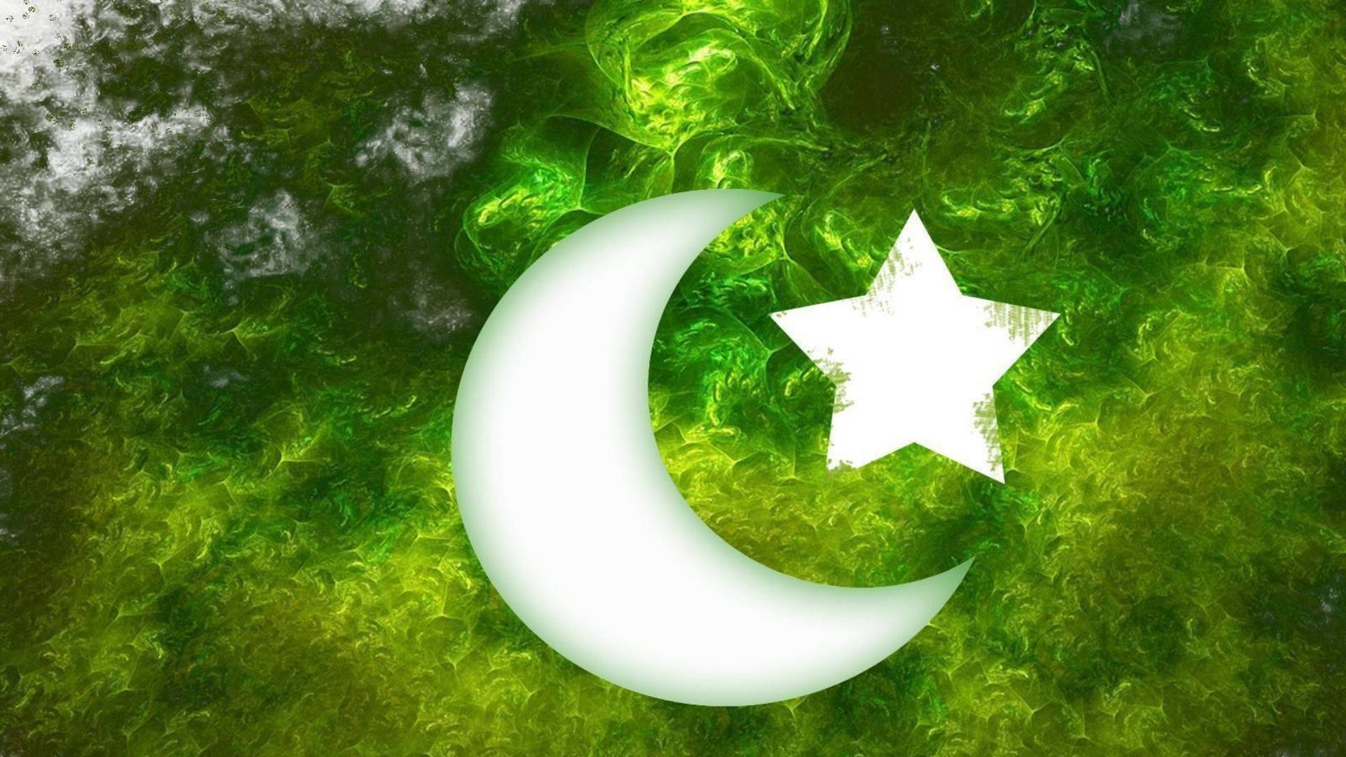 glowing white crescent moon, star emblem, swirling green textured background, Full HD Desktop Wallpaper