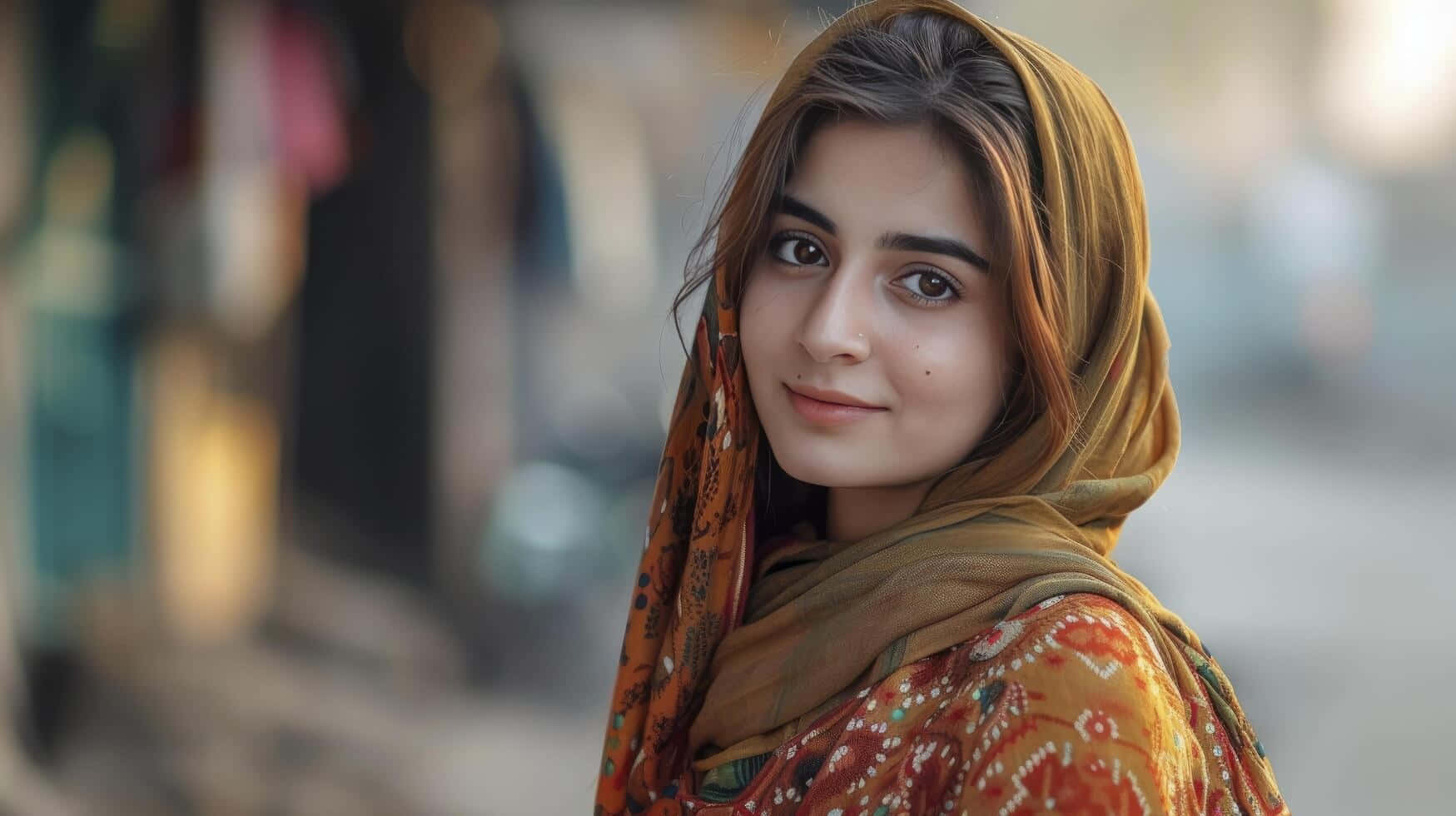 Pakistani Girl, traditional attire, orange and gold headscarf, HD Desktop Wallpaper