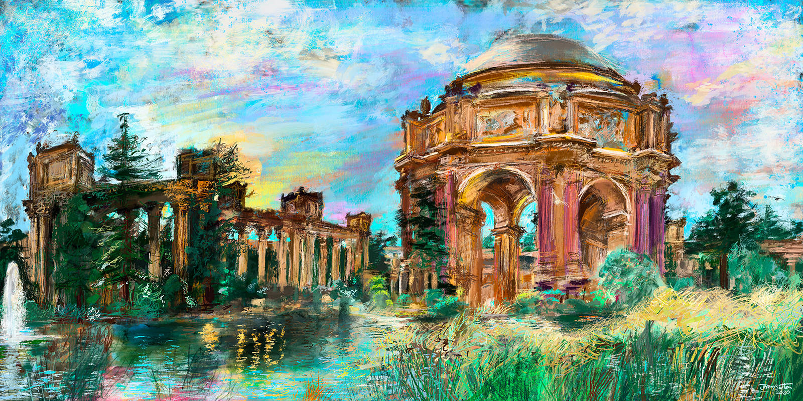 Palace of Fine Arts, vibrant impressionistic painting, colorful skies, HD Desktop Wallpaper