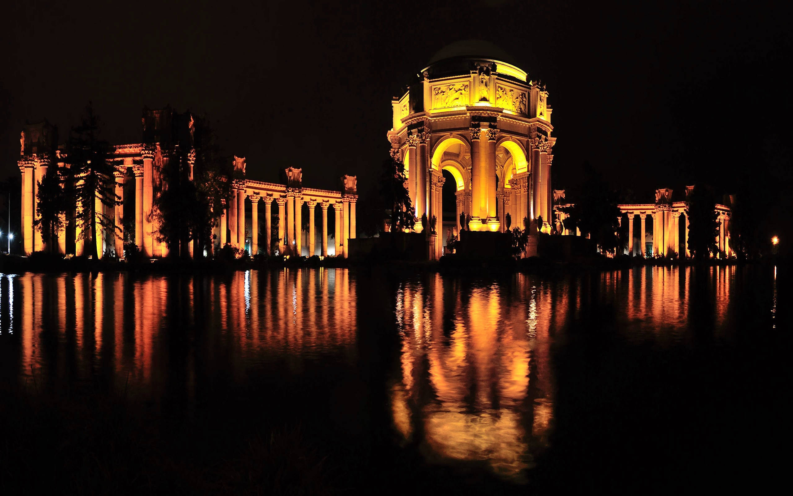 Palace Of Fine Arts, orange lights, neoclassical building, 2K Desktop Wallpaper