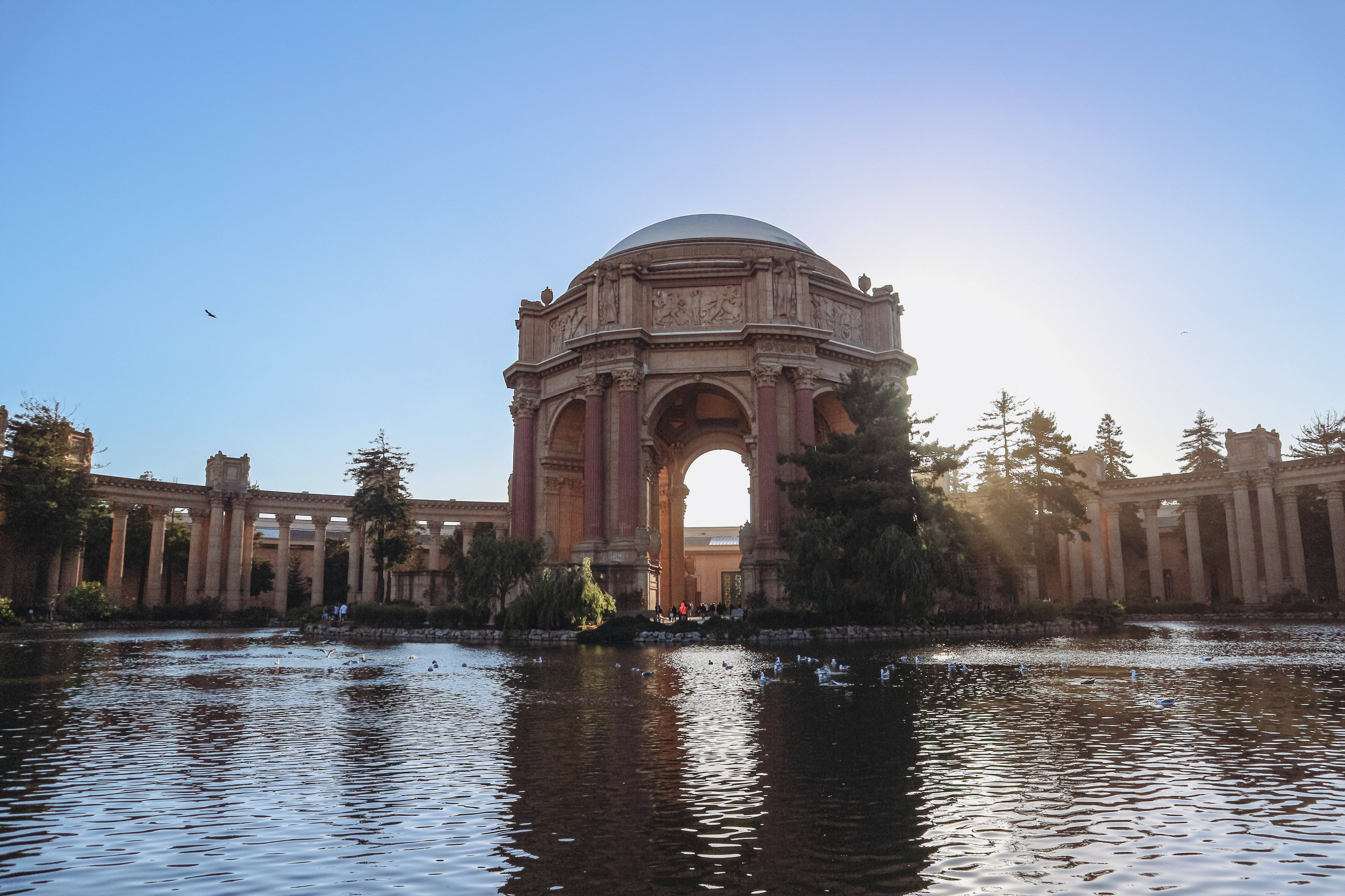 Palace of Fine Arts, golden light, calm water, 5K Desktop Wallpaper
