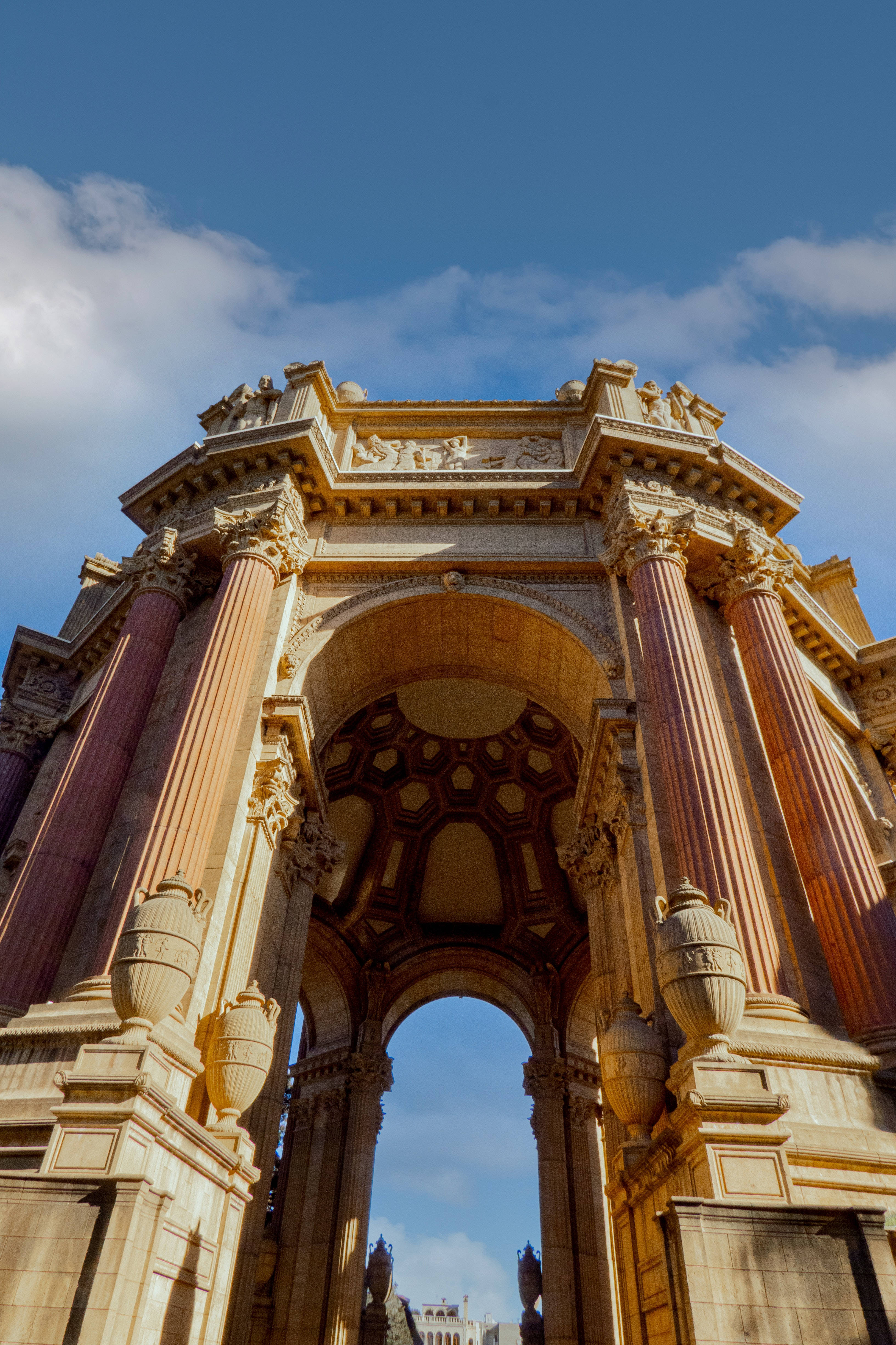Palace Of Fine Arts, golden archway, ornate columns, 4K Phone Wallpaper