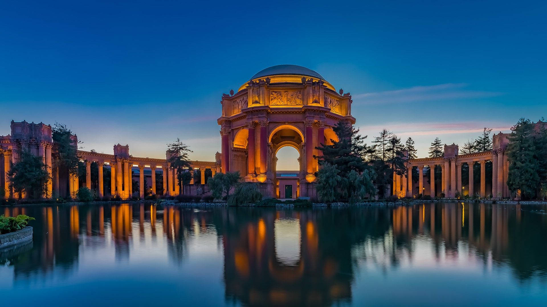 Palace of Fine Arts, dusk, grand arch, Full HD Desktop Wallpaper