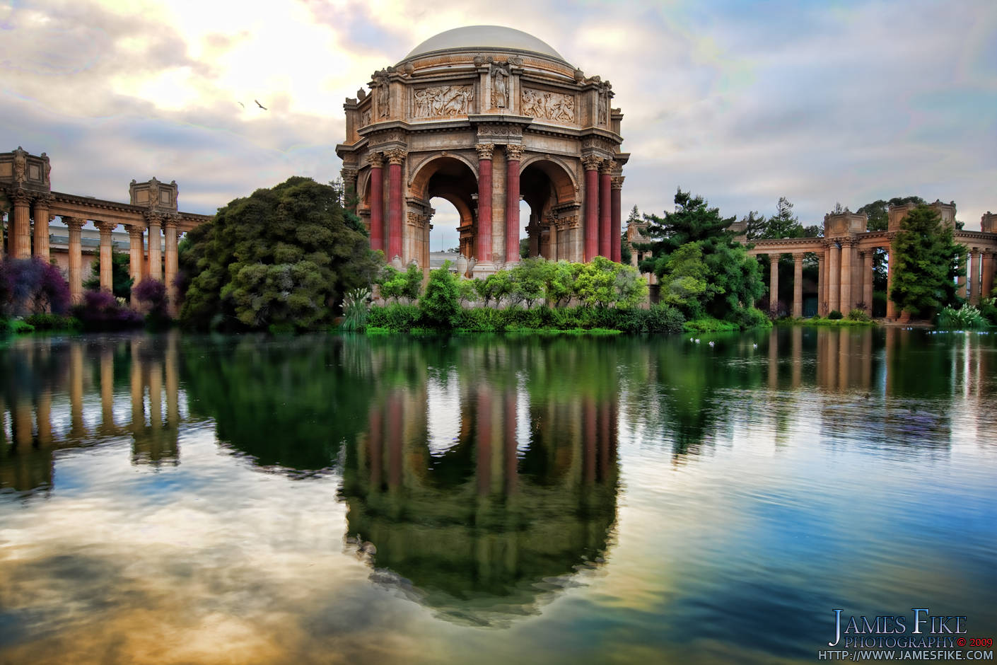 Palace of Fine Arts, red columns, calm water, HD Desktop Wallpaper