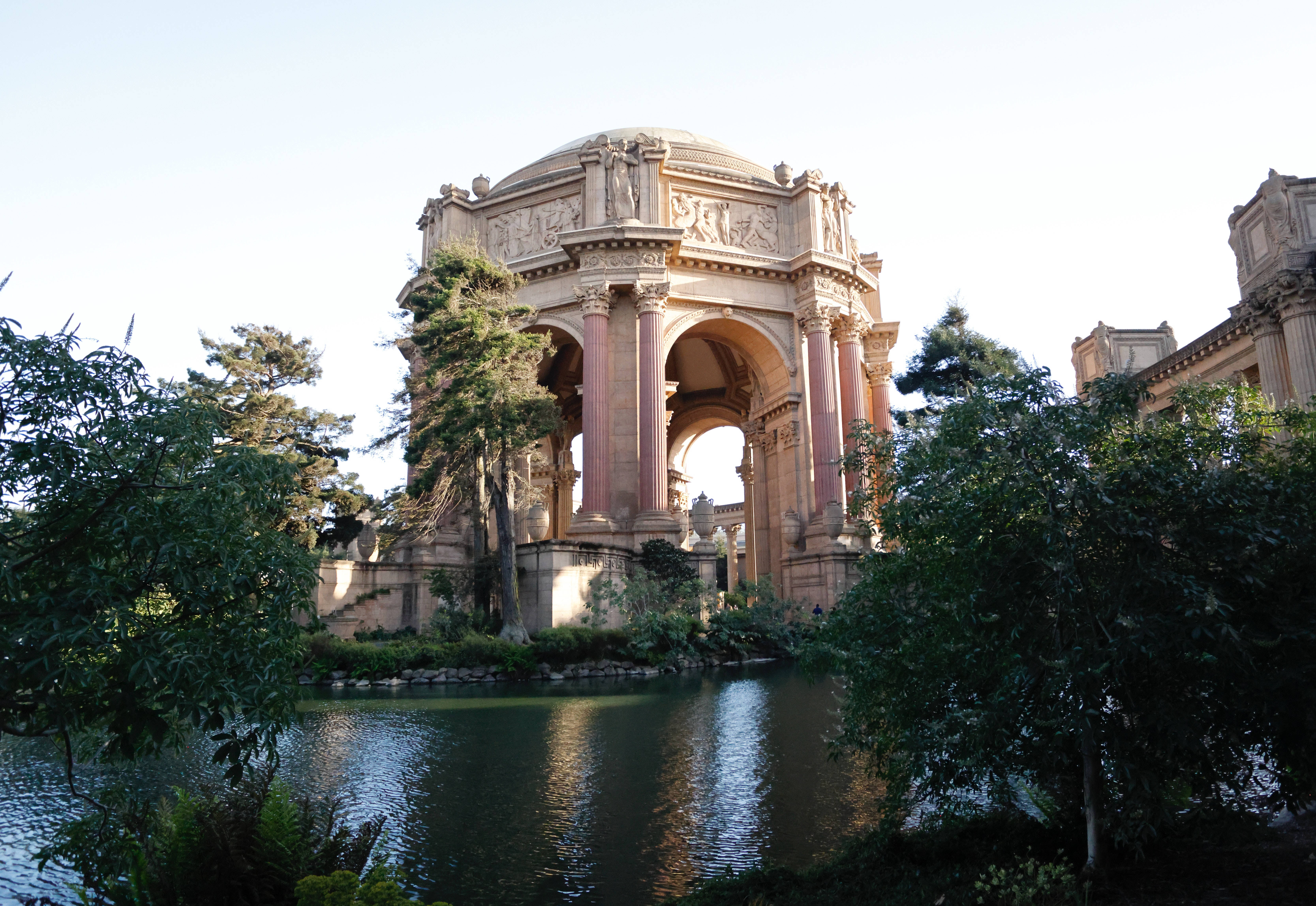 Palace Of Fine Arts, pinkish stone columns, arches, 5K Desktop Wallpaper
