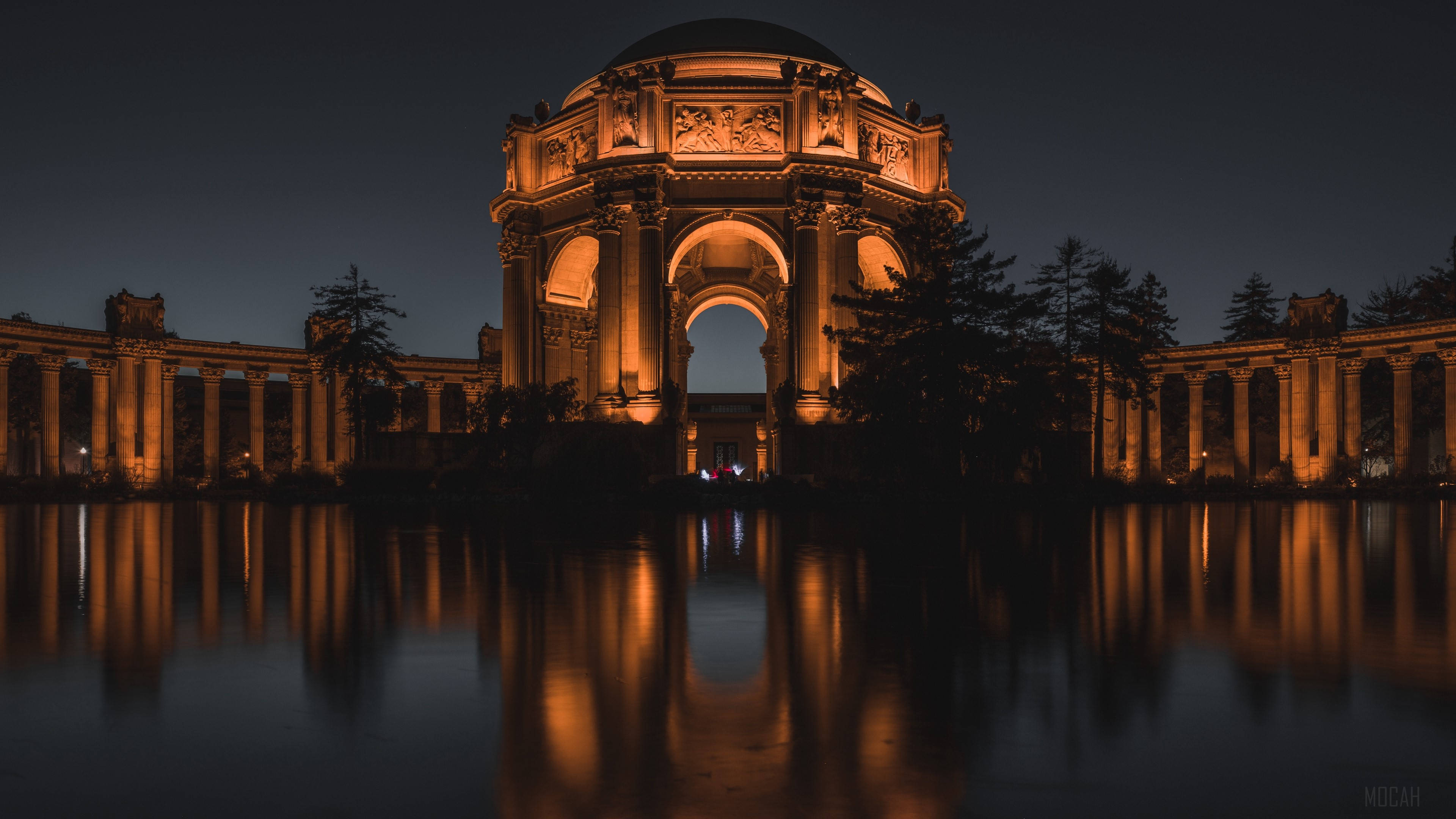 Palace Of Fine Arts, night, domed building, 4K Desktop Wallpaper