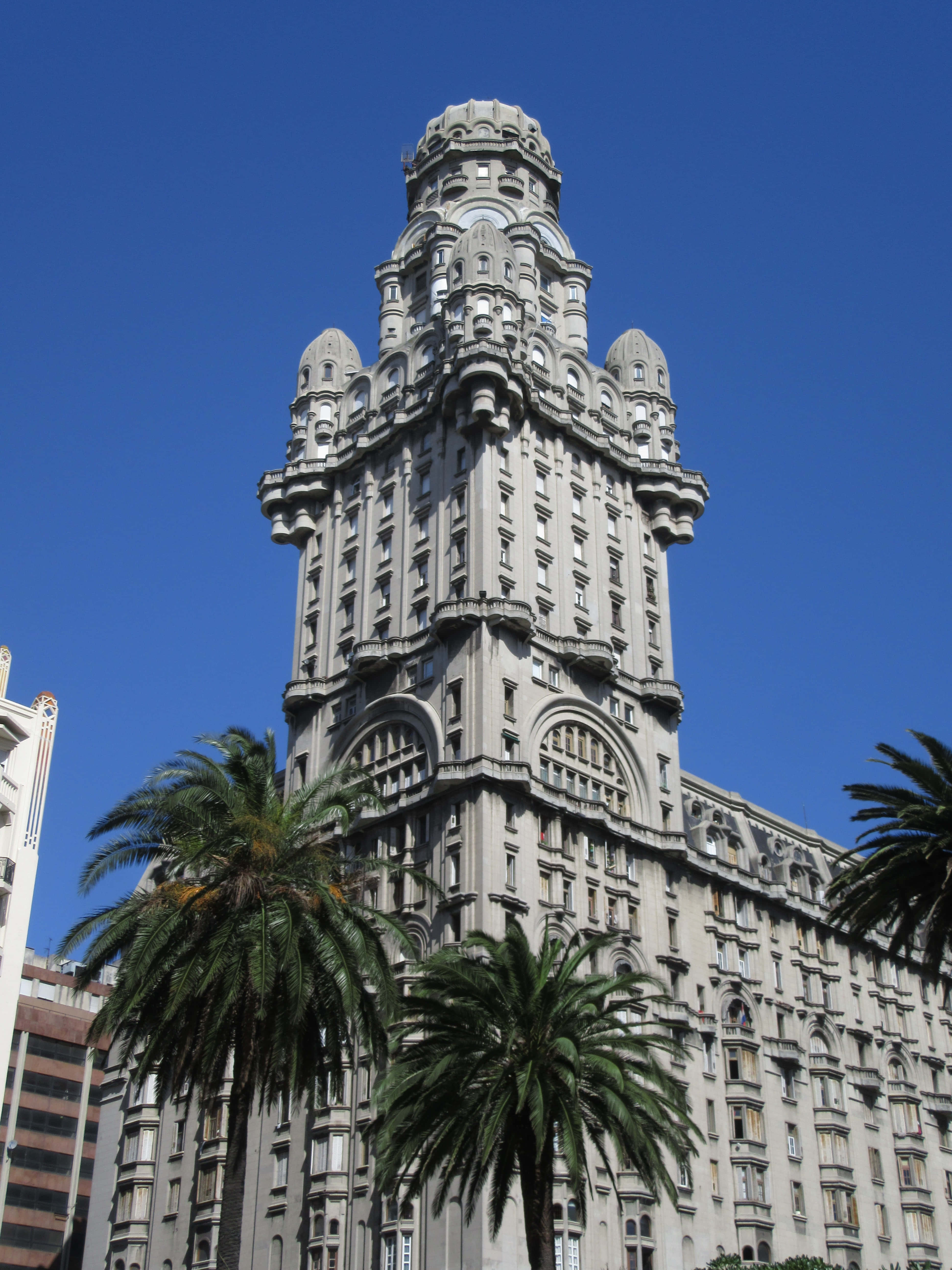 Palacio Salvo, clear blue sky, ornate stone tower, 5K Phone Wallpaper