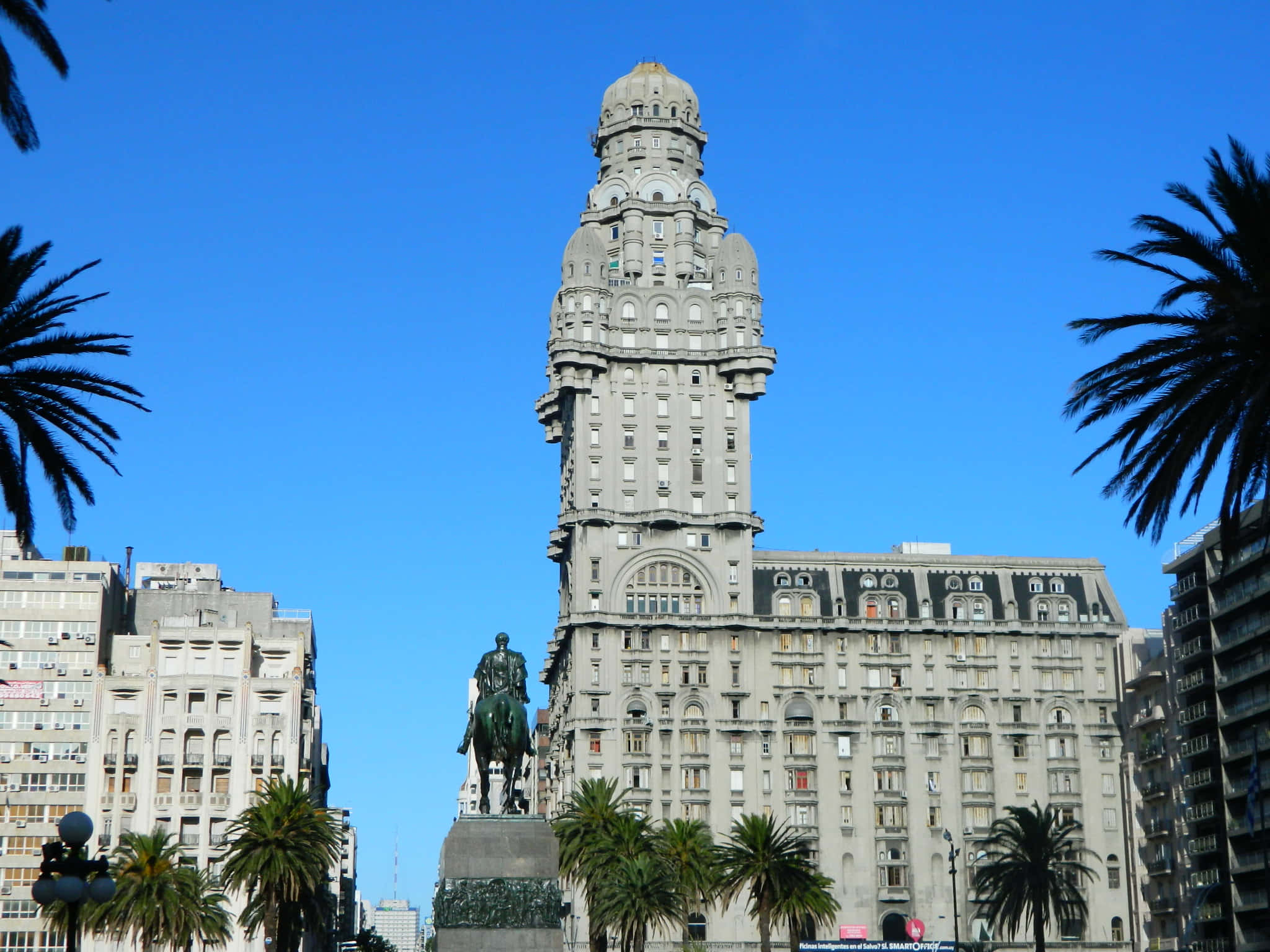 Palacio Salvo, equestrian statue, ornate architecture, Full HD Desktop Wallpaper