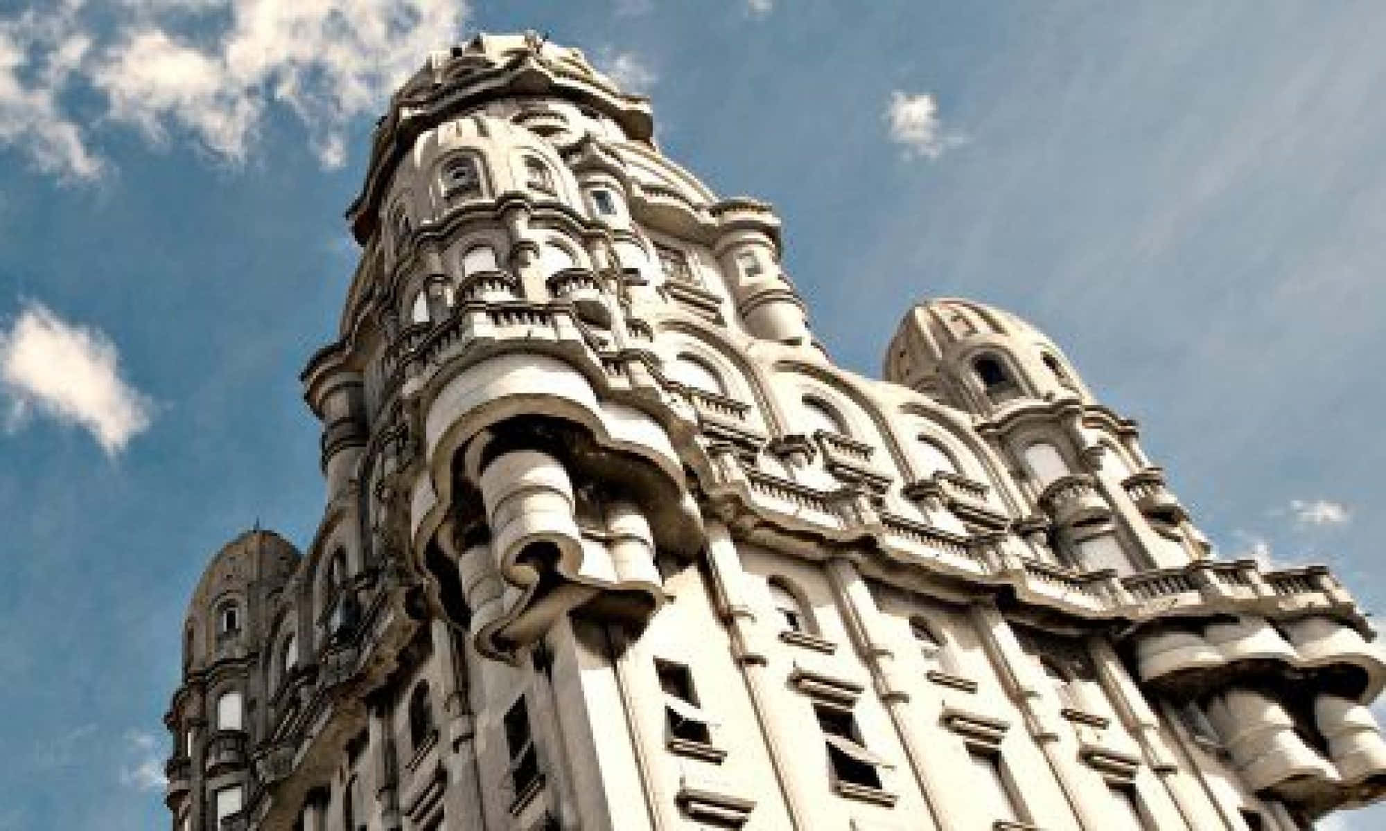 Palacio Salvo, bright blue sky, scattered clouds, Full HD Desktop Wallpaper