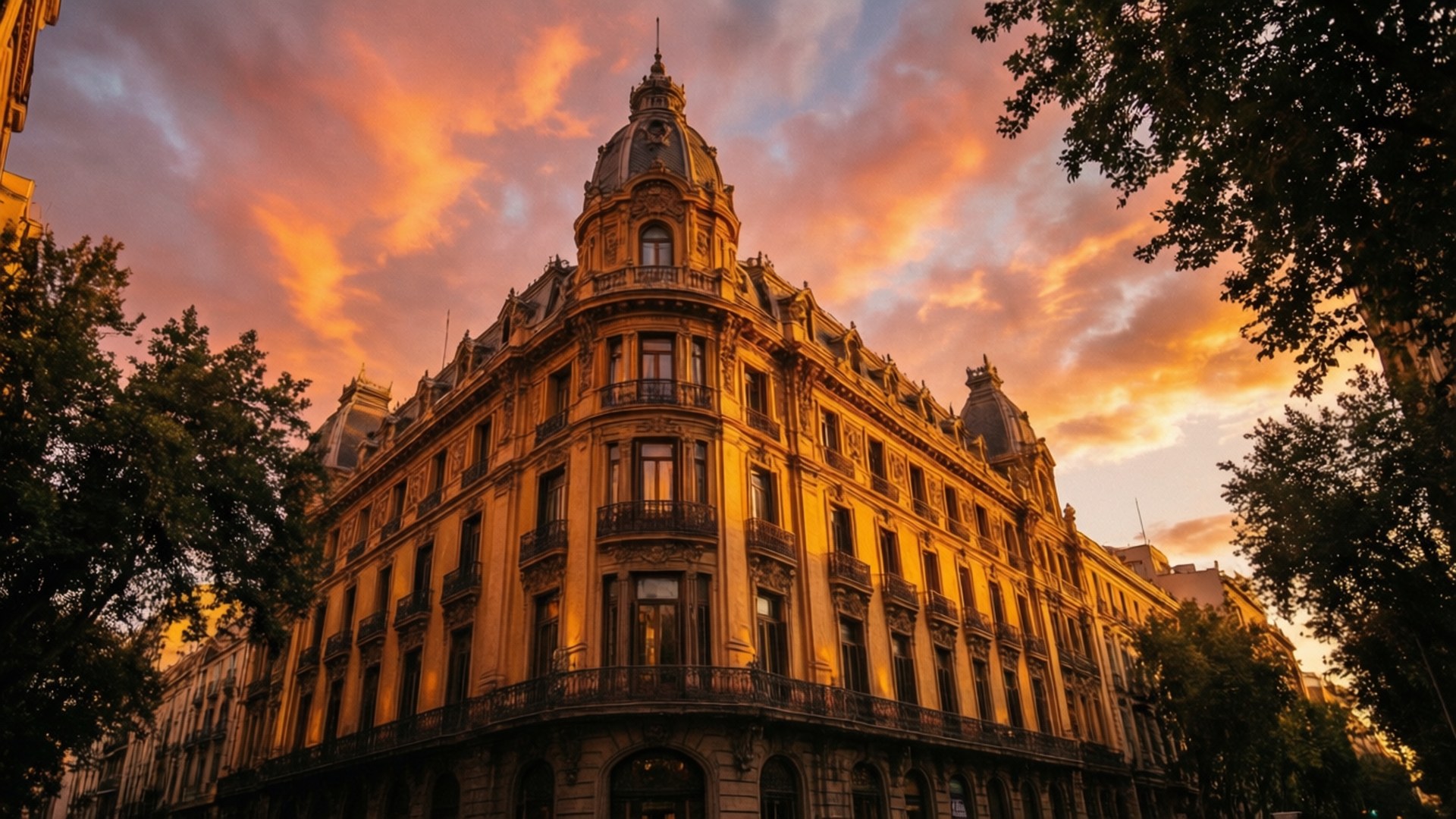 Palacio Salvo, golden hour, sunset, Full HD Desktop Wallpaper