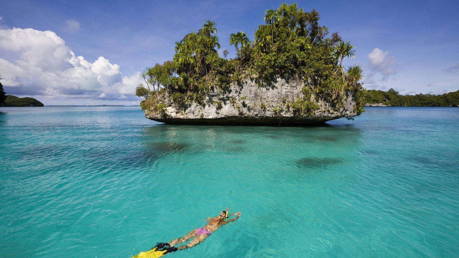 Palau, turquoise water, lush green tropical islet, Full HD Desktop Wallpaper