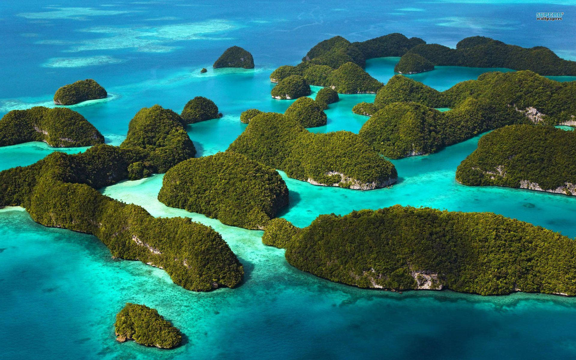 Palau, forested islands, vibrant turquoise waters, Full HD Desktop Wallpaper