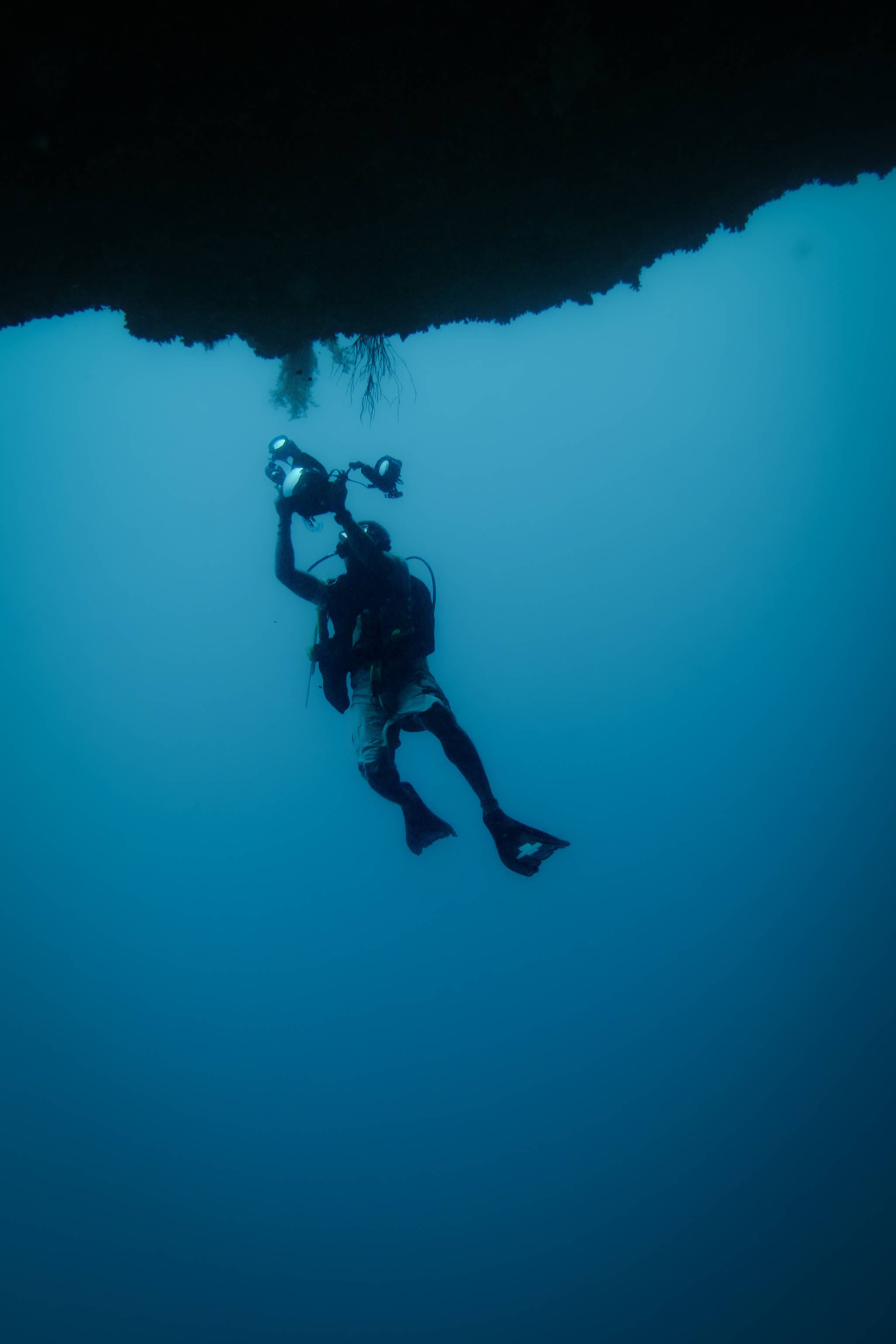 Palau, scuba diver, rocky overhang, 2K Phone Wallpaper