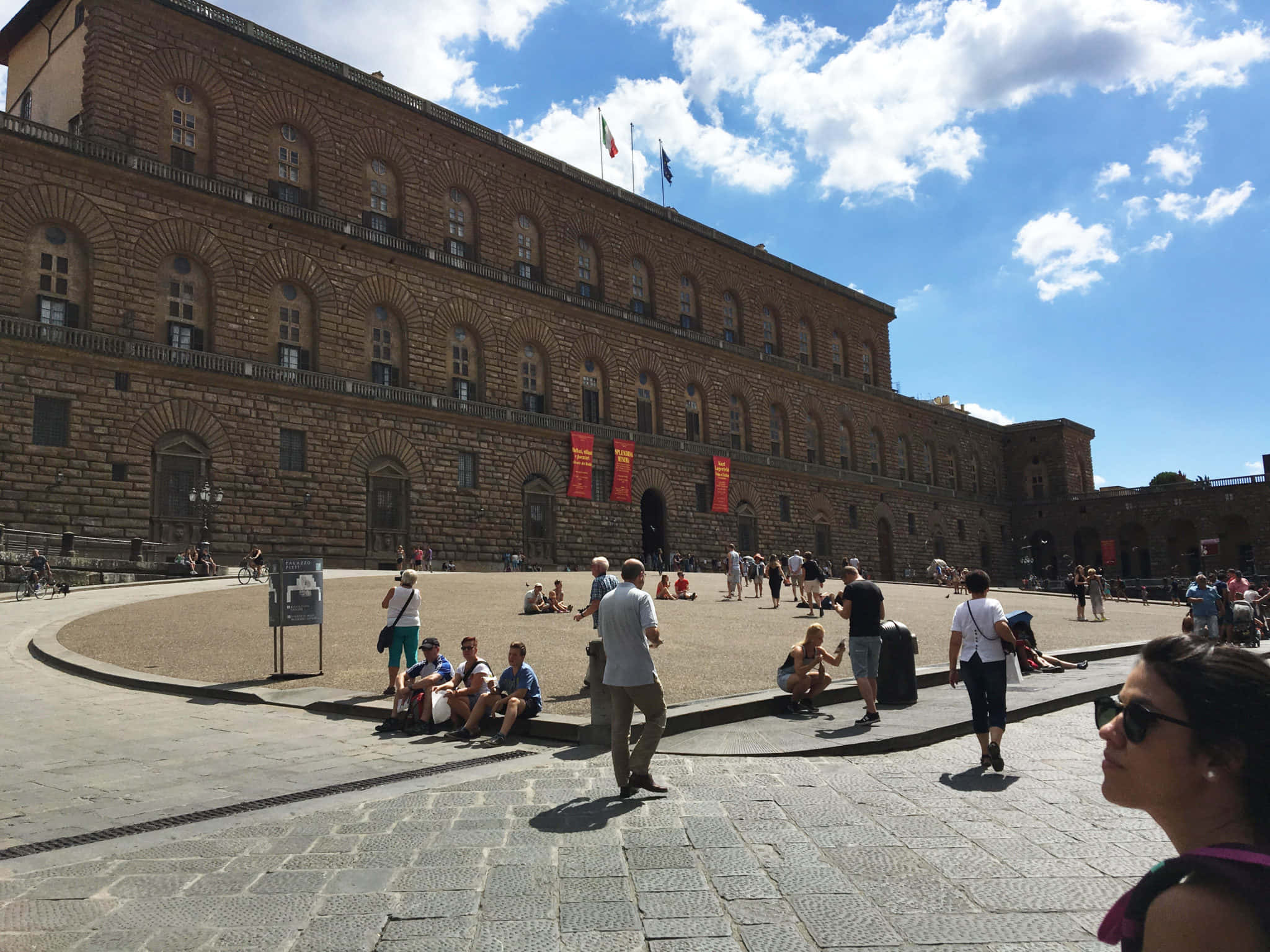 Palazzo Pitti, sunlit piazza, historic stone building, Full HD Desktop Wallpaper