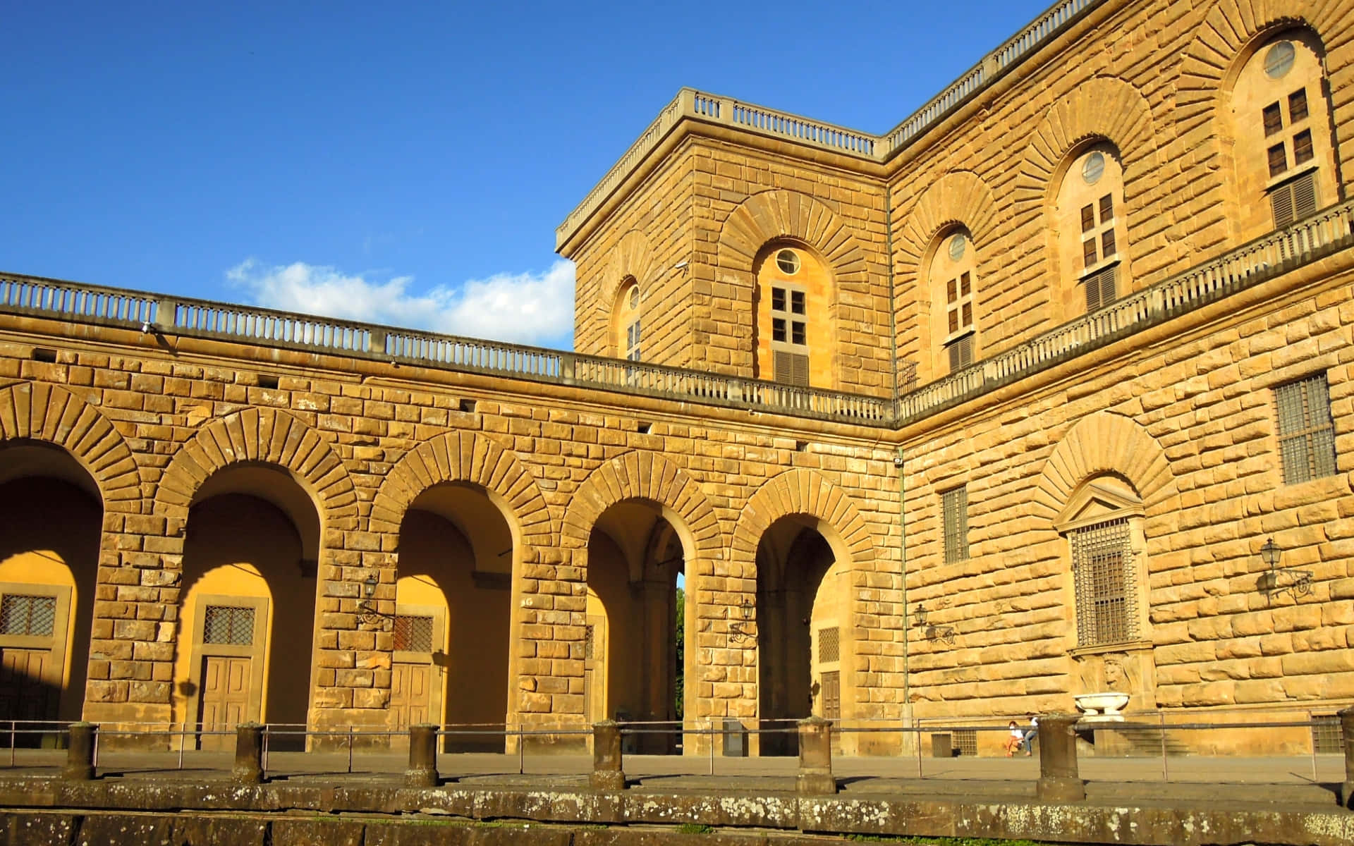 Palazzo Pitti, golden facade, sunlit stone arches, Full HD Desktop Wallpaper