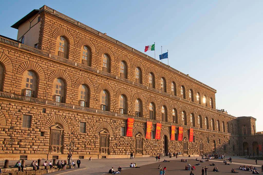 Palazzo Pitti, red flag, golden sunset light, SD Desktop Wallpaper