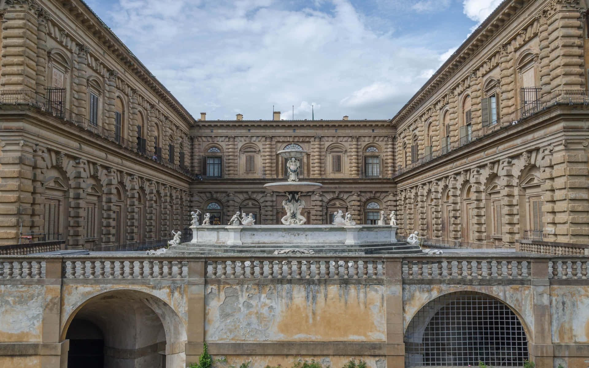 Palazzo Pitti, fountain, stone courtyard, Full HD Desktop Wallpaper