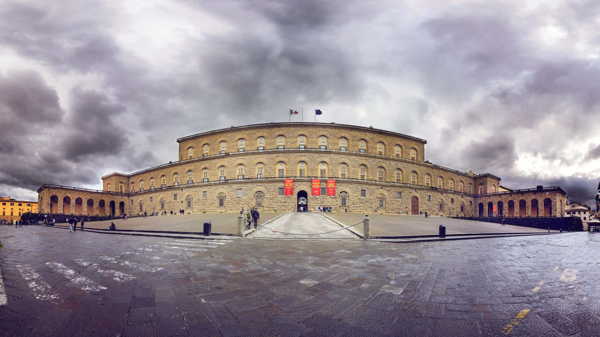 Palazzo Pitti, curved stone fortress, dramatic cloudy sky, Full HD Desktop Wallpaper