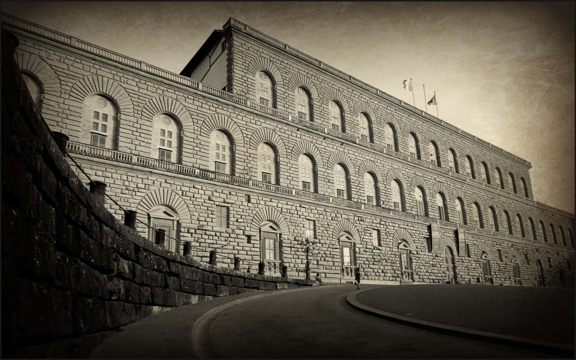 Palazzo Pitti, sepia sky, arched windows, Full HD Desktop Wallpaper