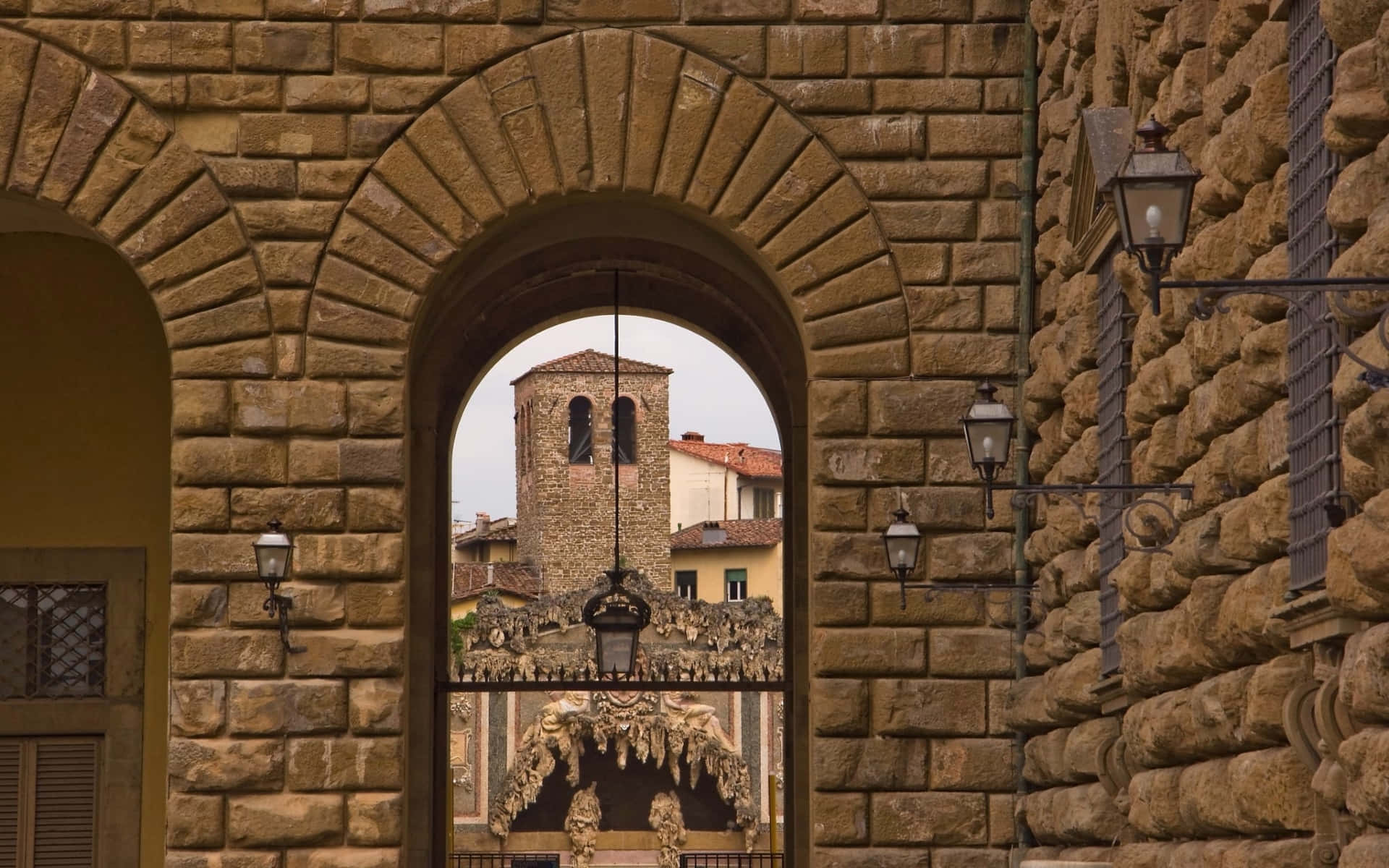 Palazzo Pitti, stone archway, historic tower, Full HD Desktop Wallpaper