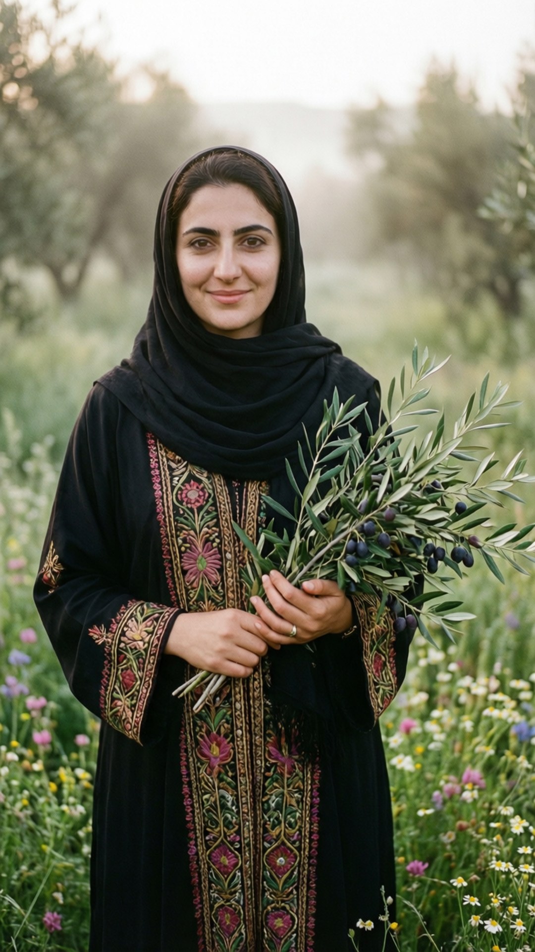 olive branches, black embroidered abaya, headscarf, Full HD Phone Wallpaper