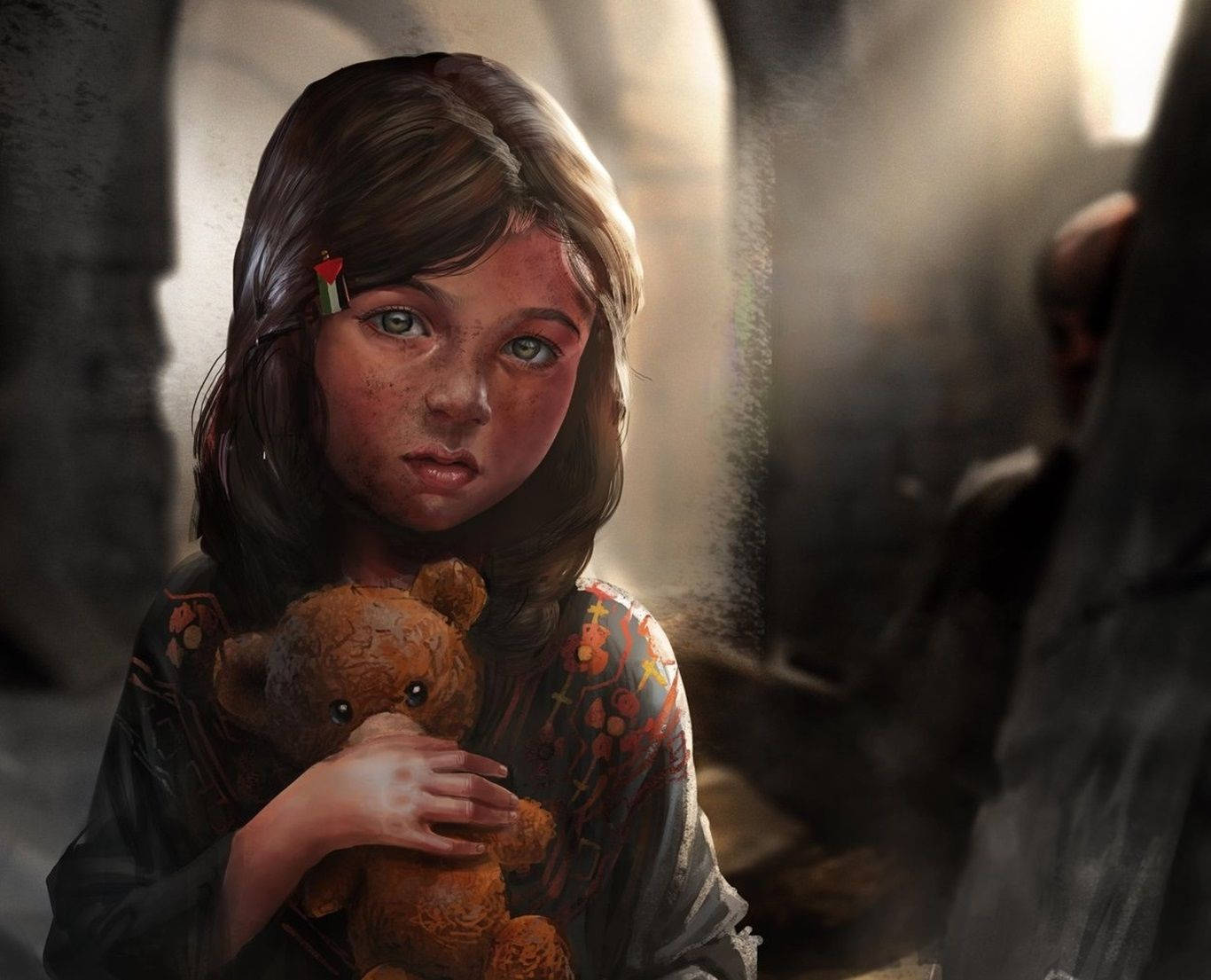 Palestine girl, teddy bear, red hair clip, HD Desktop Wallpaper