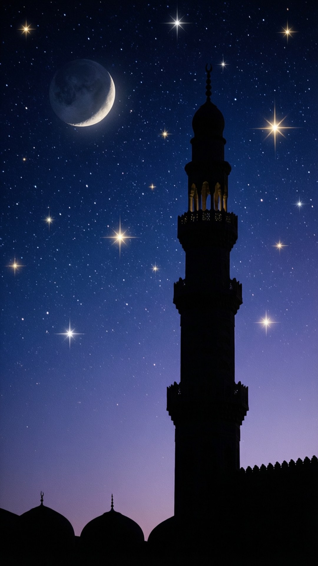 minaret, starry night sky, crescent moon, Full HD Phone Wallpaper