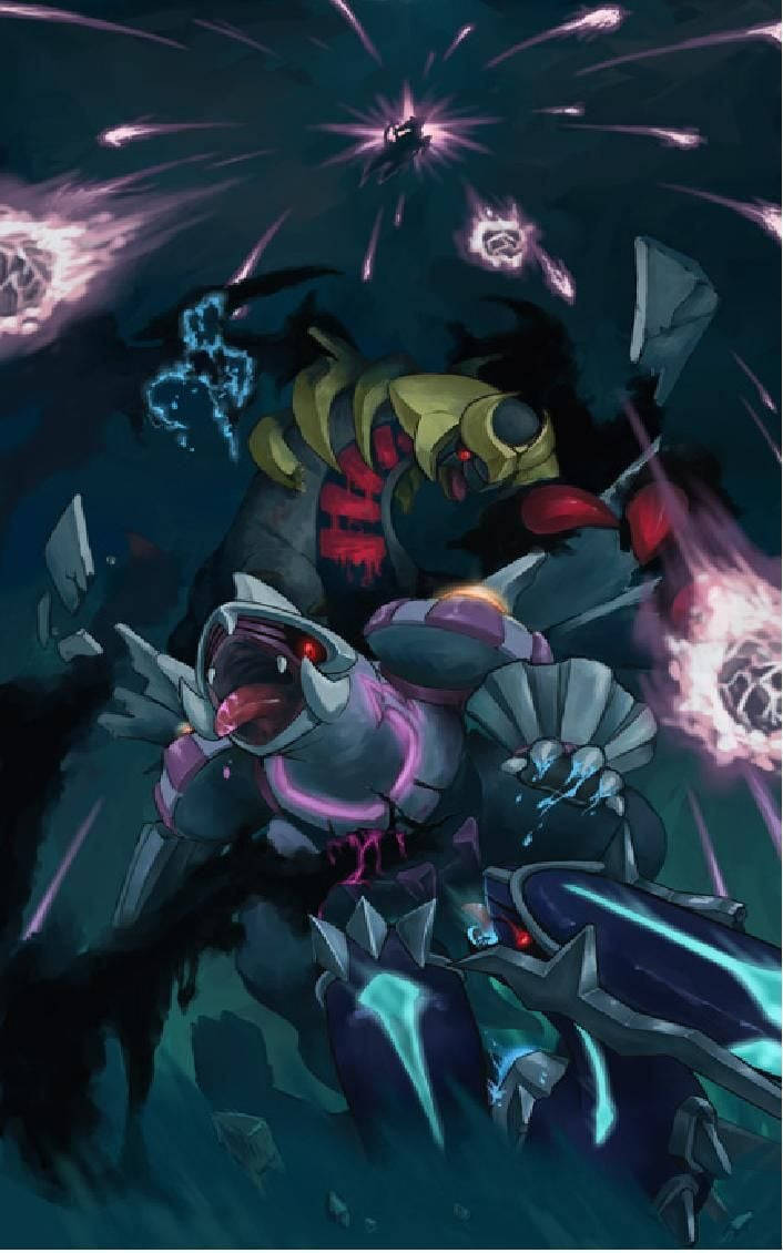 Palkia, armored robotic creatures, dark cosmic battlefield, SD Phone Wallpaper