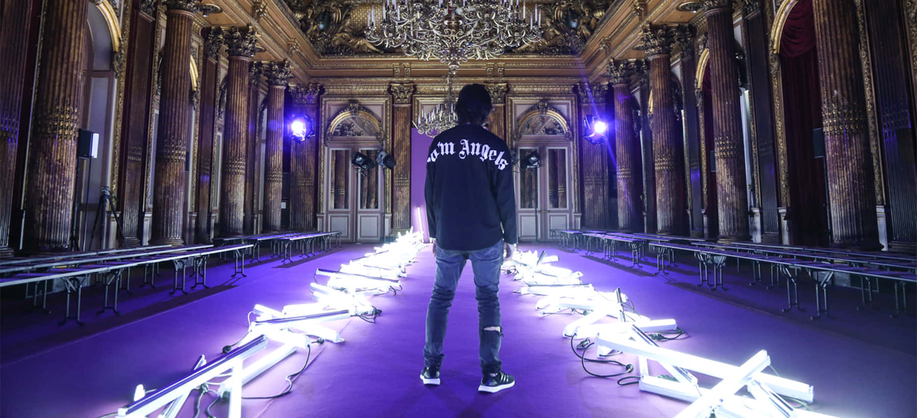 Palm Angels, black hoodie, grand ornate hall, HD Desktop Wallpaper