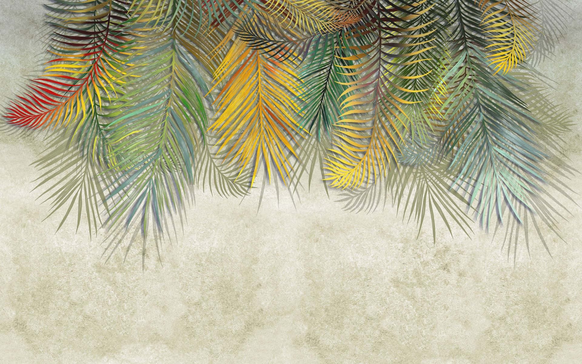 colorful palm fronds, autumnal hues, textured beige background, Full HD Desktop Wallpaper