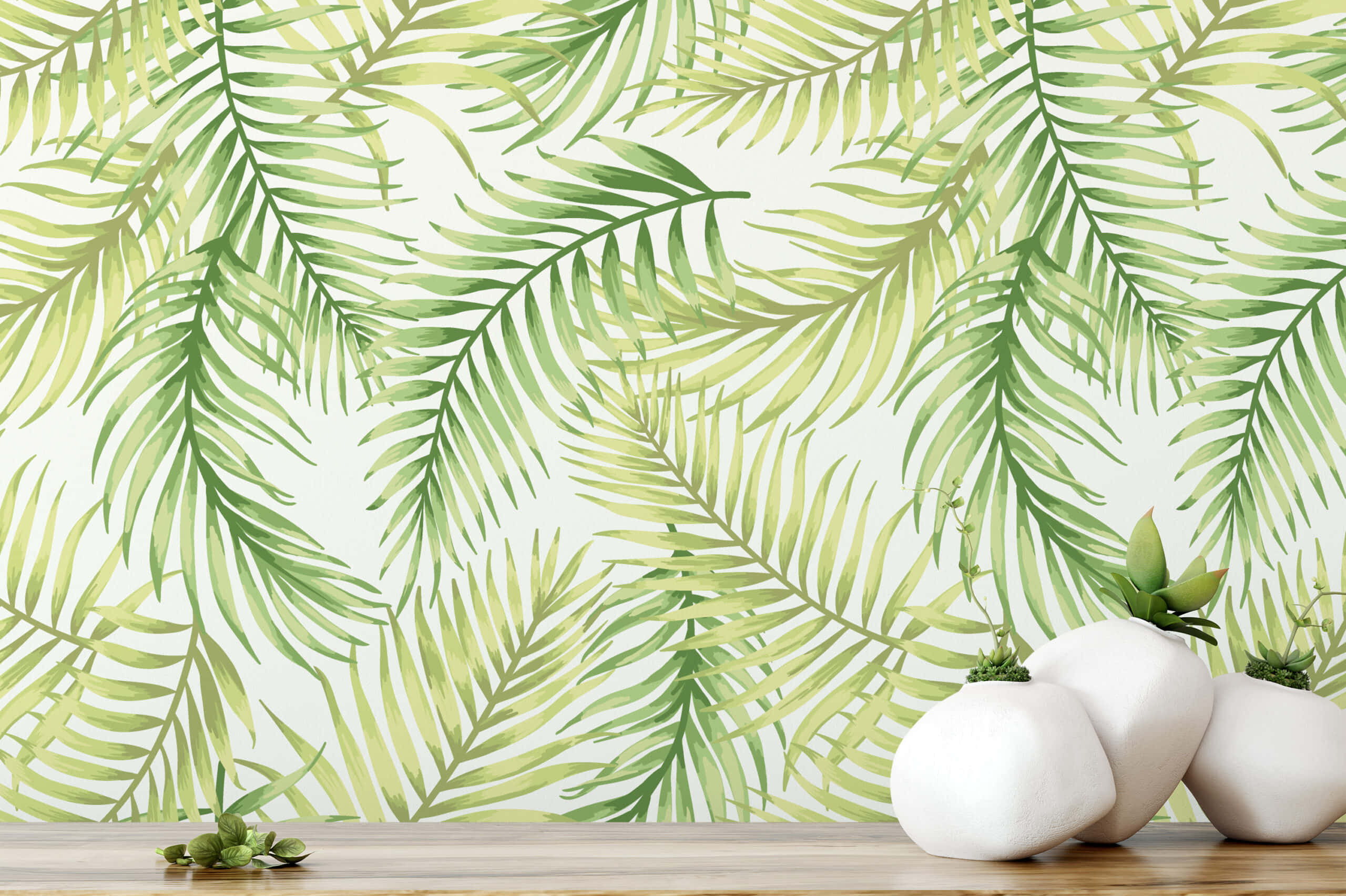 tropical palm frond, soft green hues, white coconuts, 2K Desktop Wallpaper