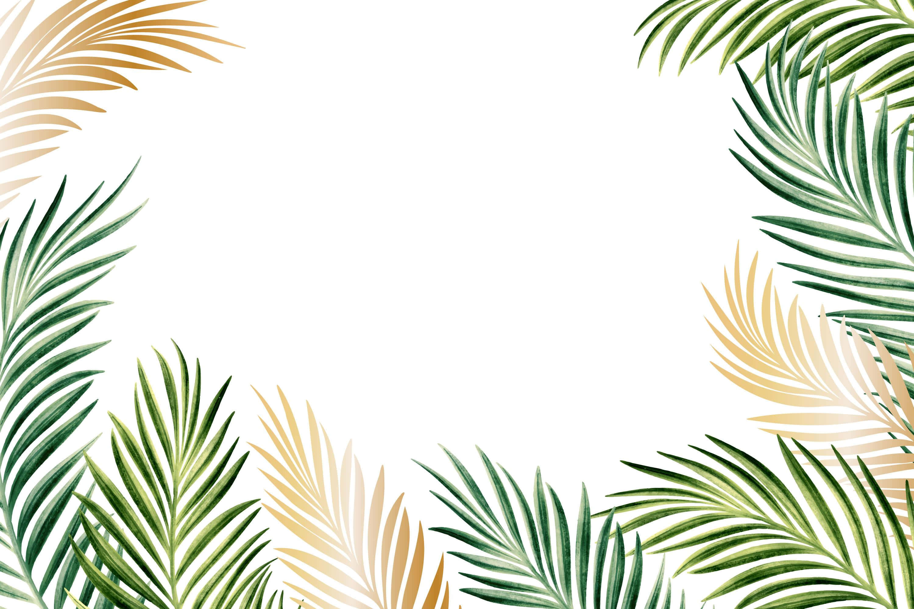 tropical palm frond, green and gold watercolor, clean white center, 2K Desktop Wallpaper