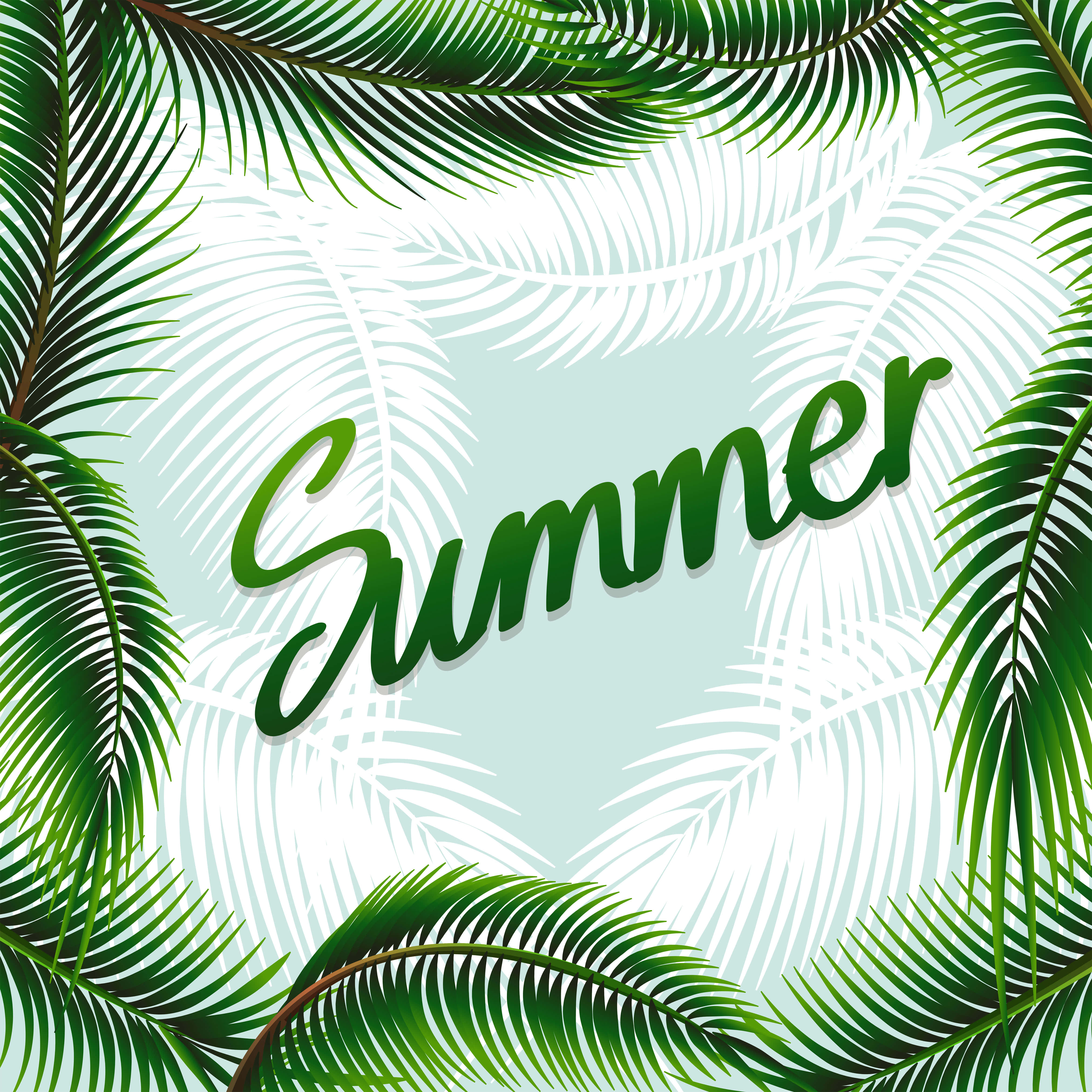 Tropical Summer Palm Fronds Graphic, vibrant green palm fronds, light blue background, 4K Desktop Wallpaper