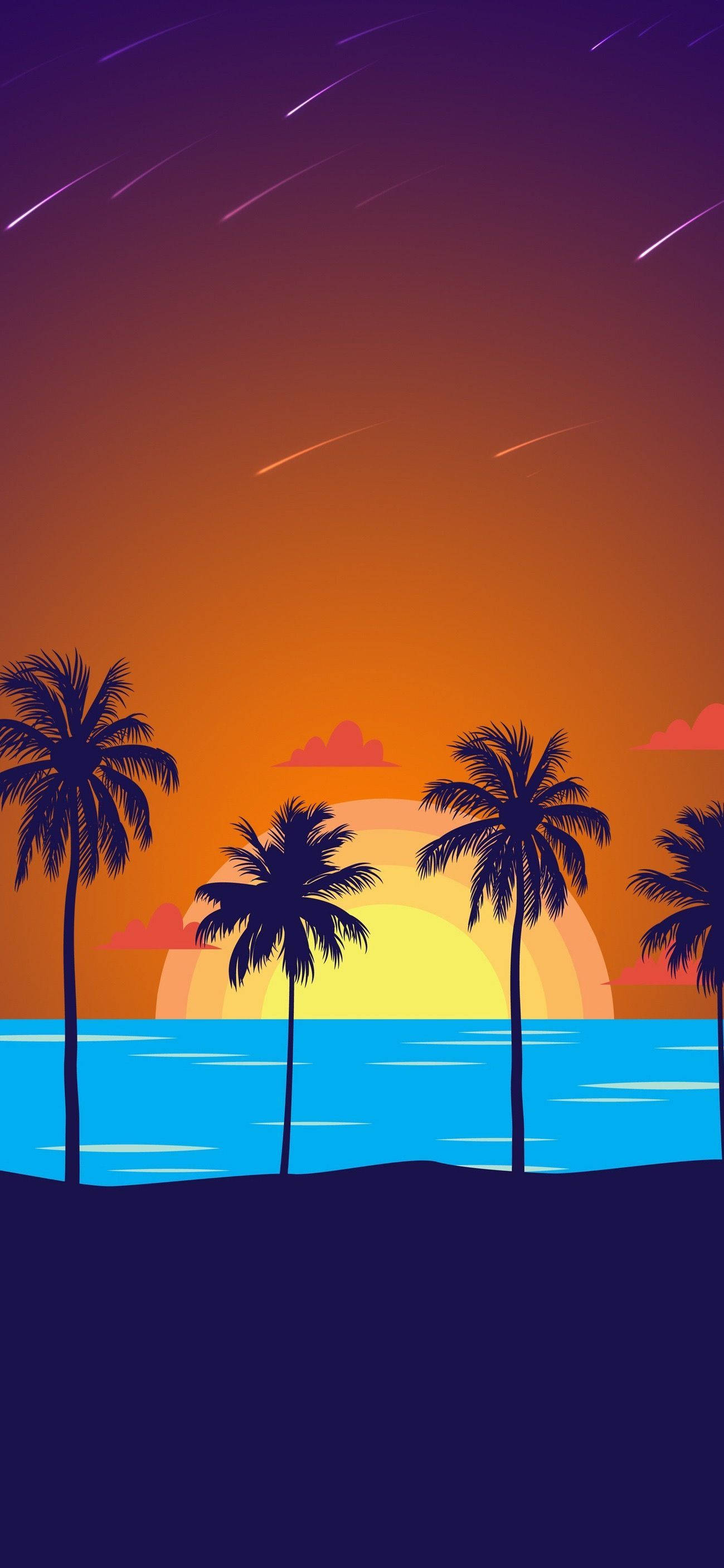 palm trees, vibrant sunset, turquoise water, 2K Phone Wallpaper