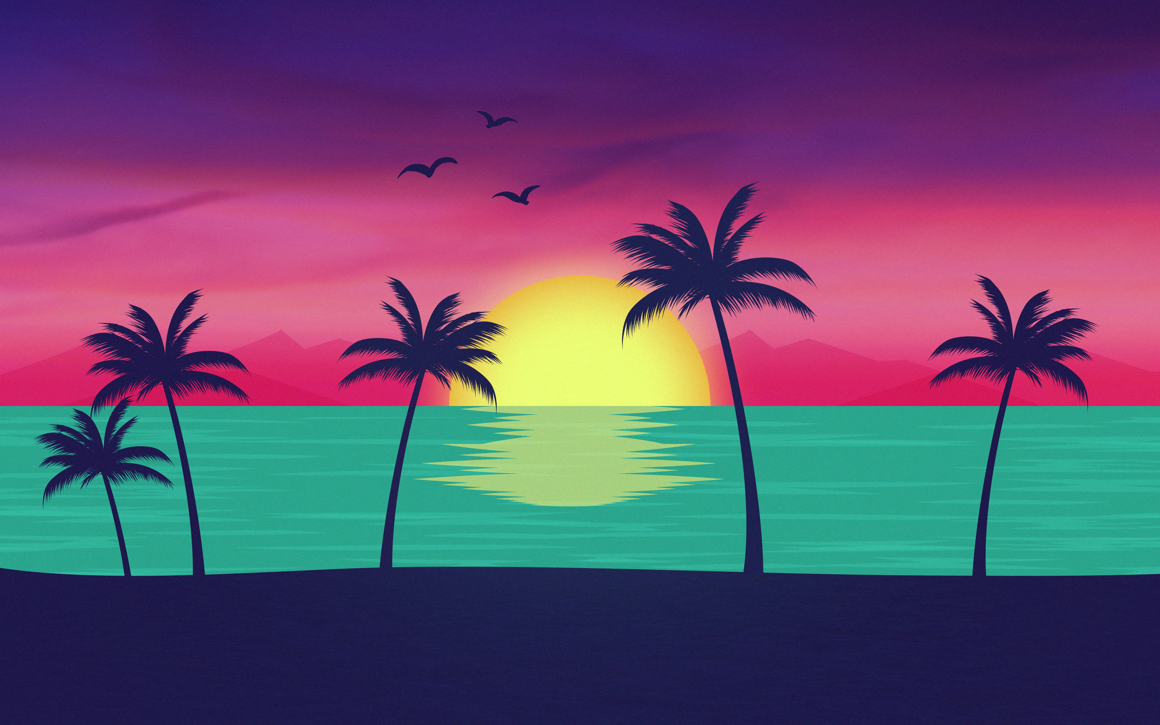 Palm Tree Sunset, tropical ocean, palm trees, 4K Desktop Wallpaper