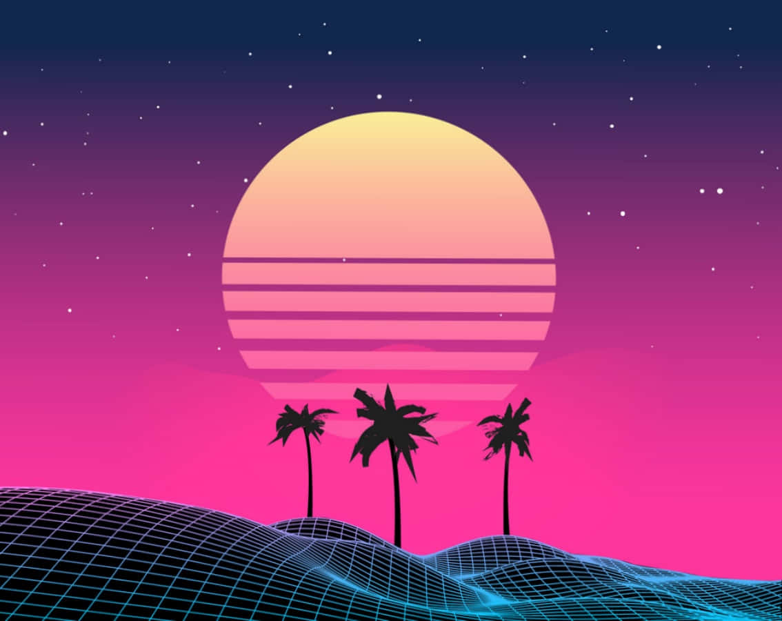 80s vaporwave, striped sun, palm trees, SD Desktop Wallpaper