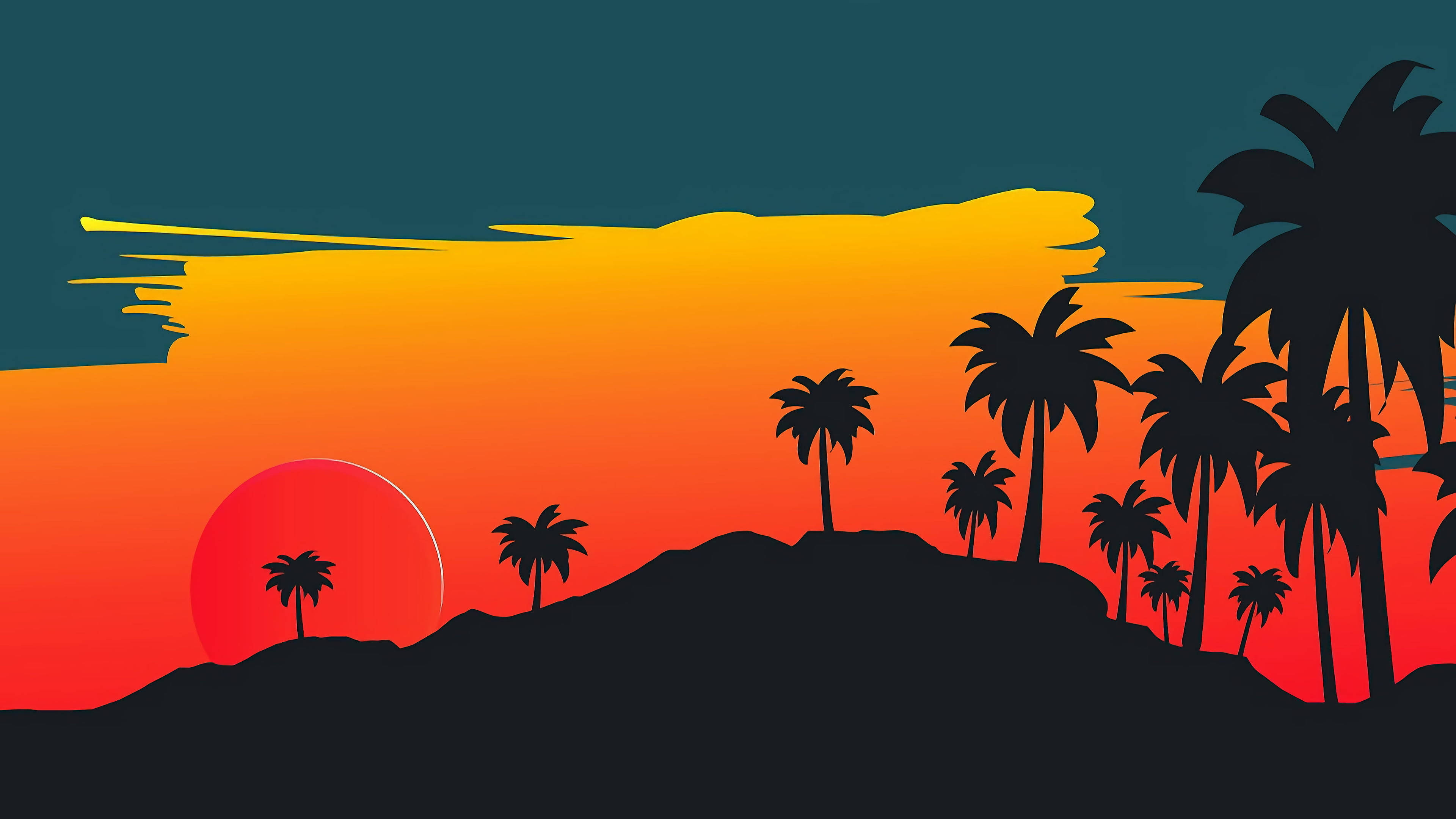 Palm Tree Sunset, silhouetted palm trees, vibrant sunset, 4K Desktop Wallpaper