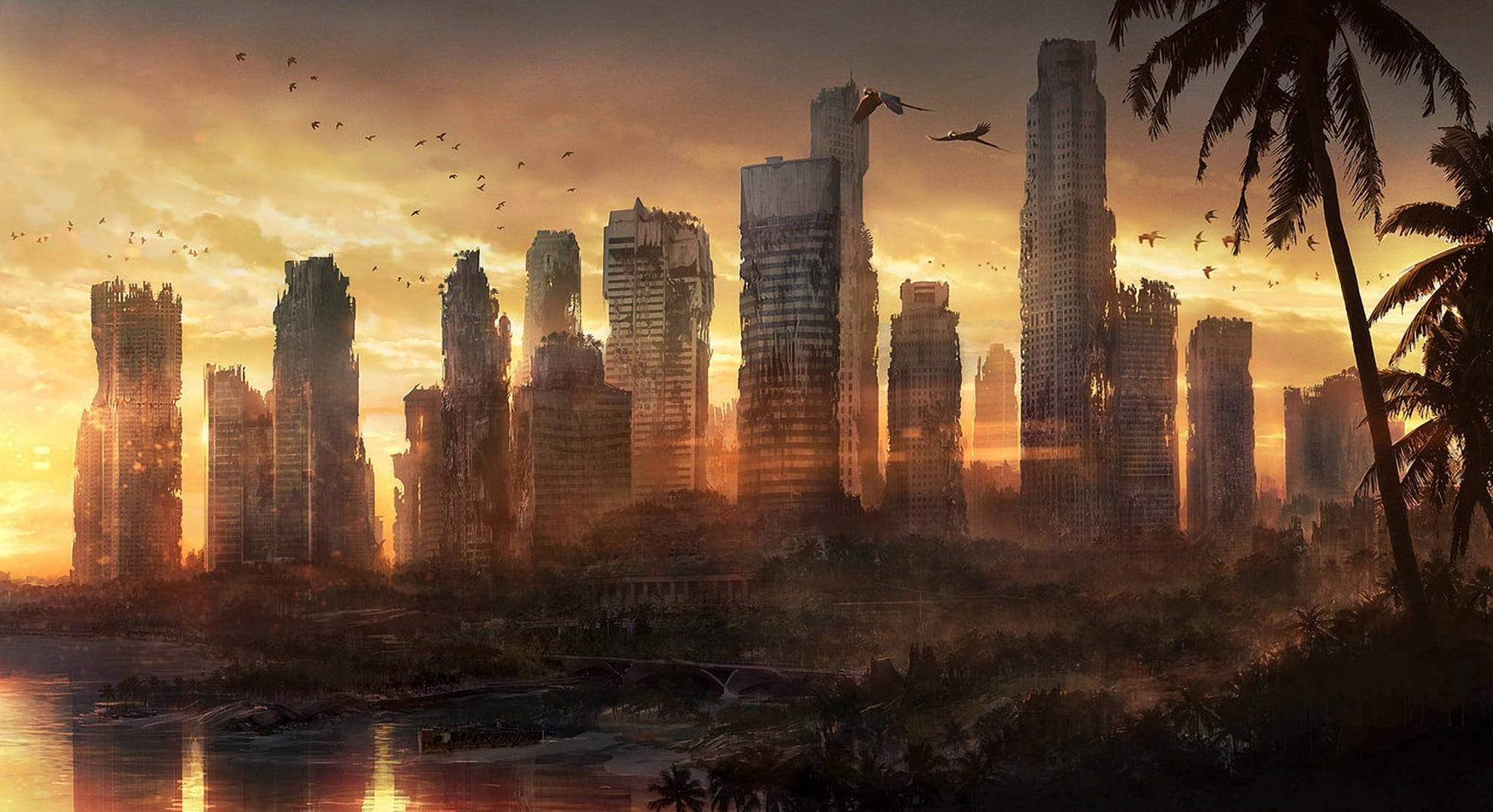 Palm Tree Sunset, apocalyptic city, sunset, Full HD Desktop Wallpaper