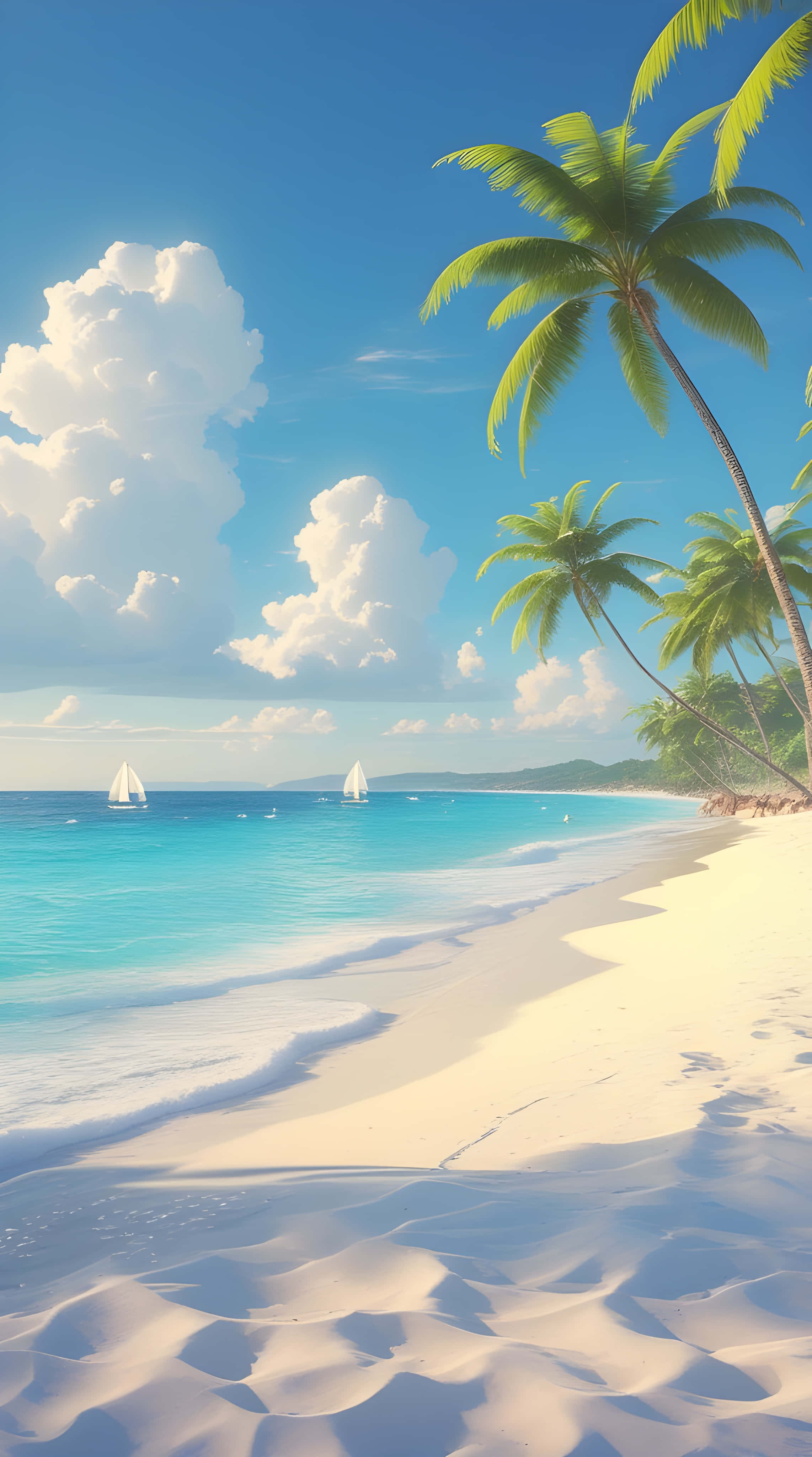 palm tree, tropical beach, white sand, 4K Phone Wallpaper
