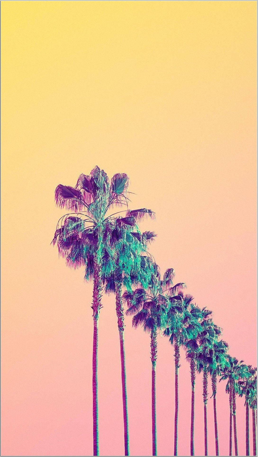 aesthetic yellow vibes palm trees, teal and purple fronds, gradient sky of yellow to pink, Full HD Phone Wallpaper