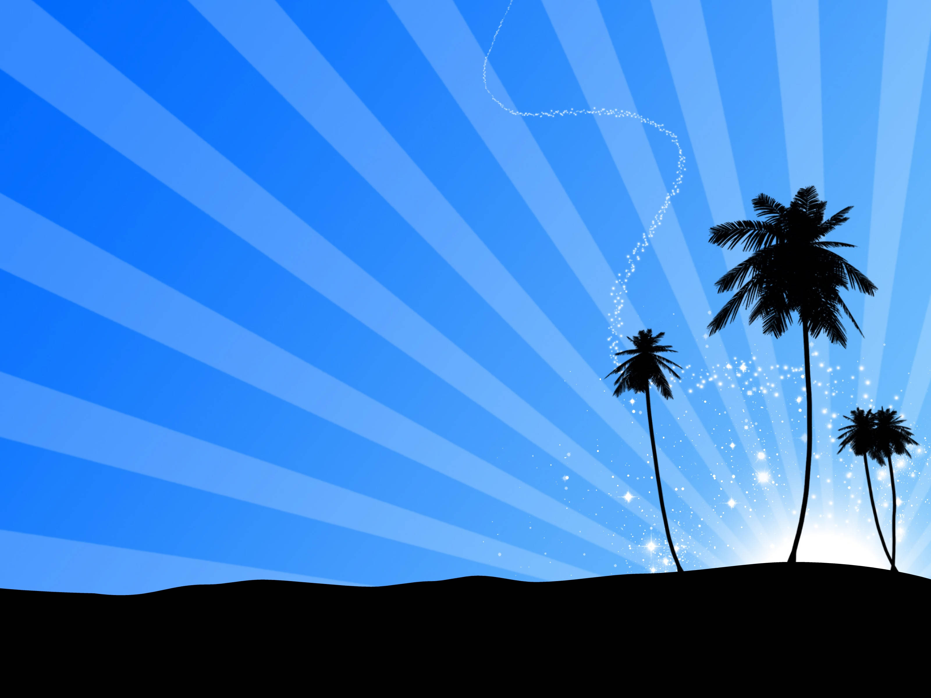 palm trees, vibrant blue sky, radiating sunbeams, 2K Desktop Wallpaper