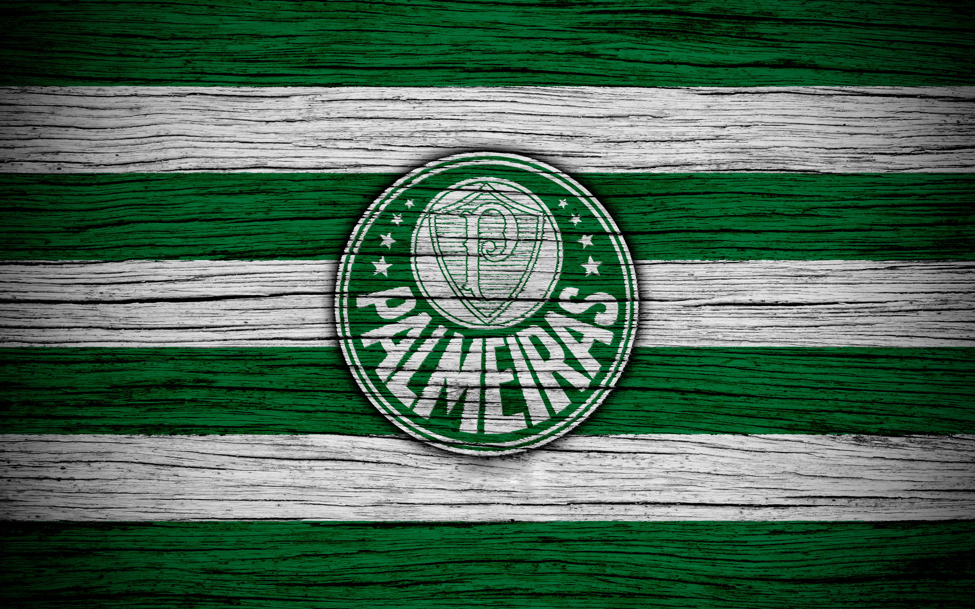 Palmeiras, green and white striped wooden texture, football club crest, 4K Desktop Wallpaper