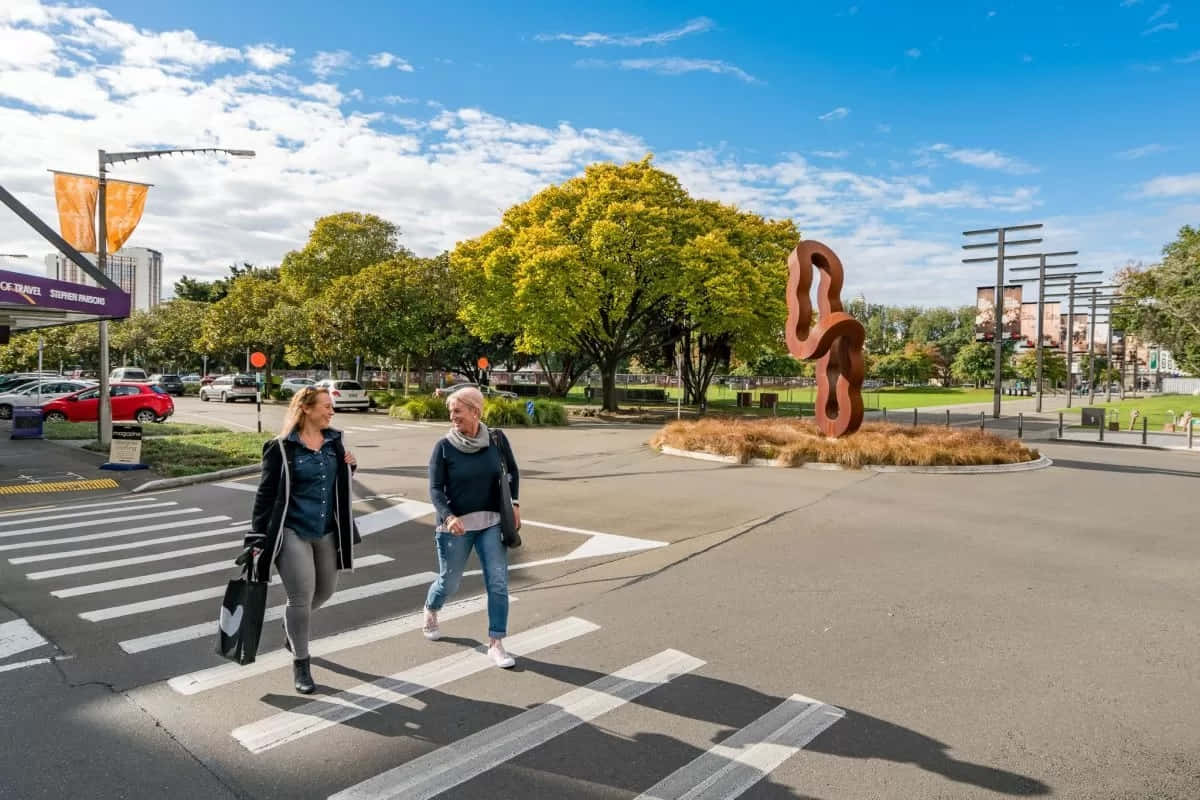 Palmerston North, pedestrian crosswalk, rust-colored abstract sculpture, SD Desktop Wallpaper