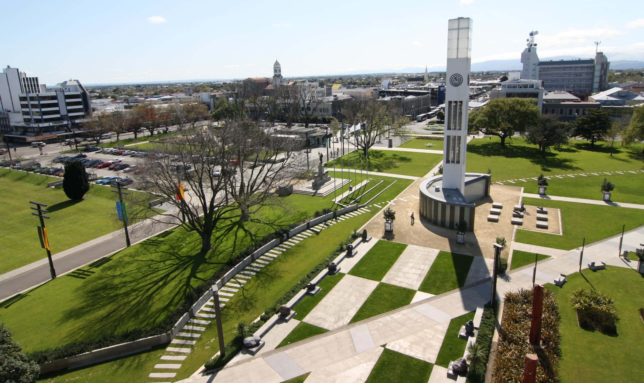 Palmerston North, clock tower, sunlit urban park, Full HD Desktop Wallpaper