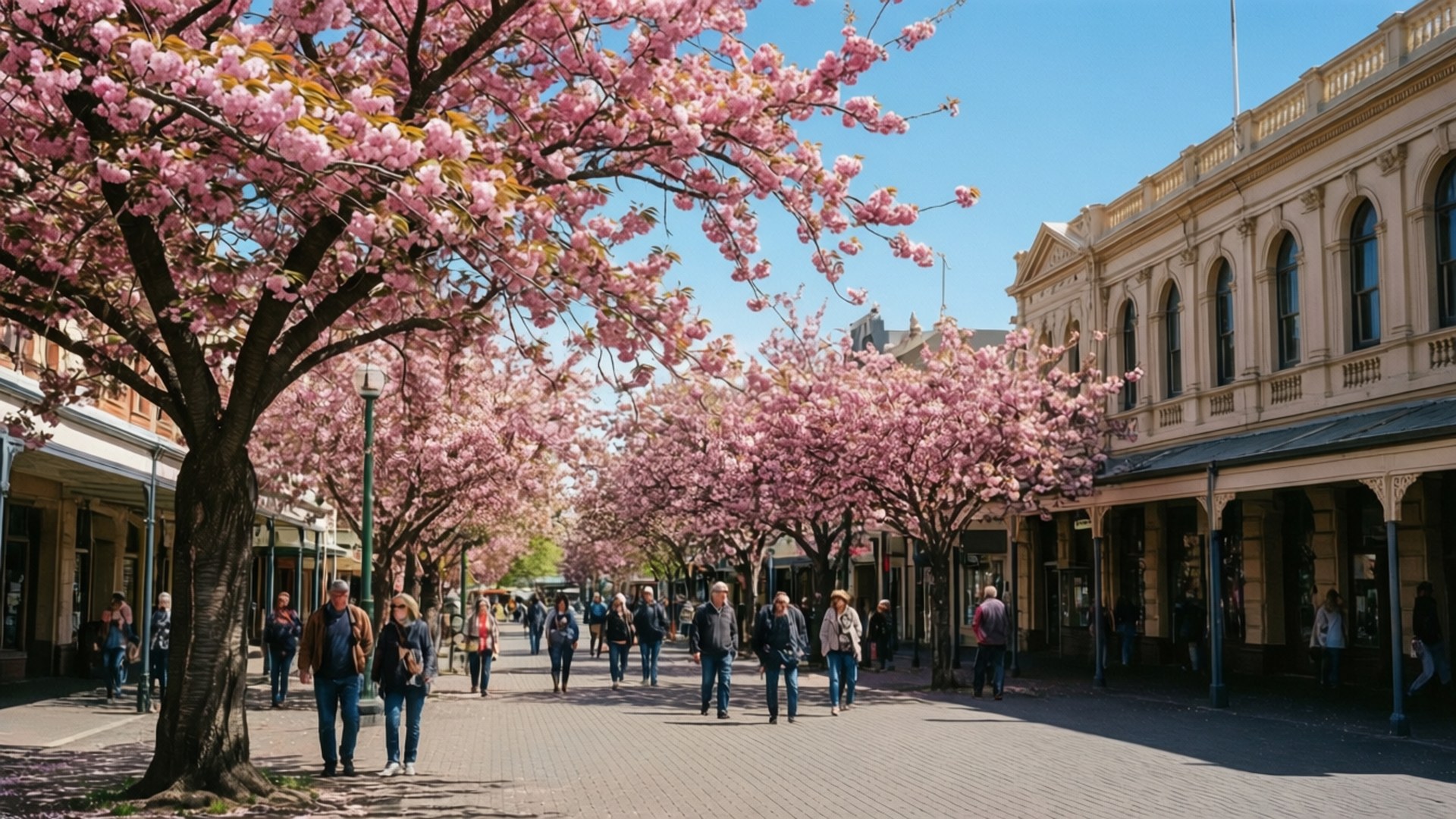 Cherry blossoms, historic buildings, Palmerston North, Full HD Desktop Wallpaper