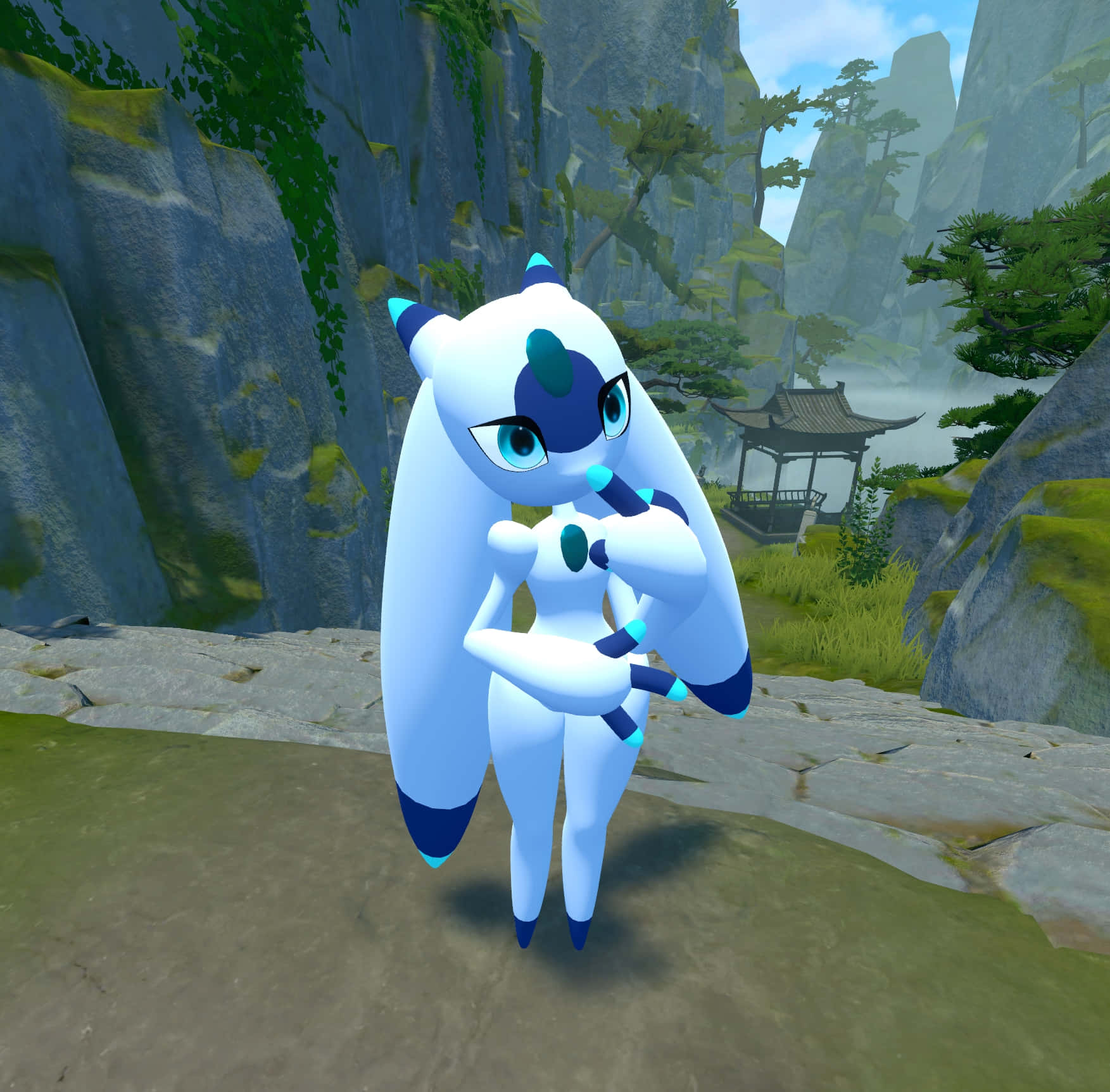 Palworld, blue and white fox-like creature, rocky cliffside, HD Desktop Wallpaper