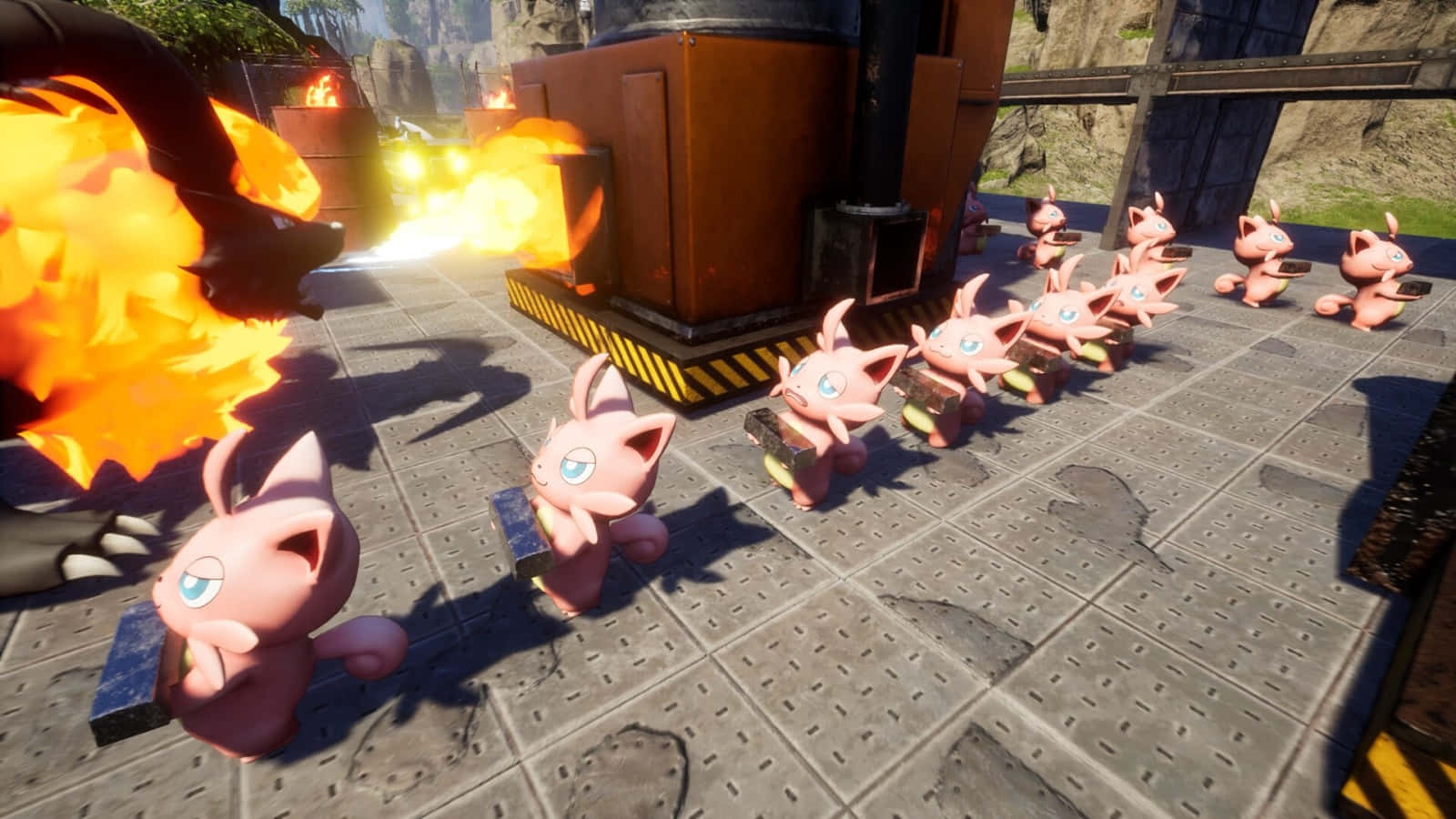 Palworld, fire breathing, pink cat-like, HD Desktop Wallpaper