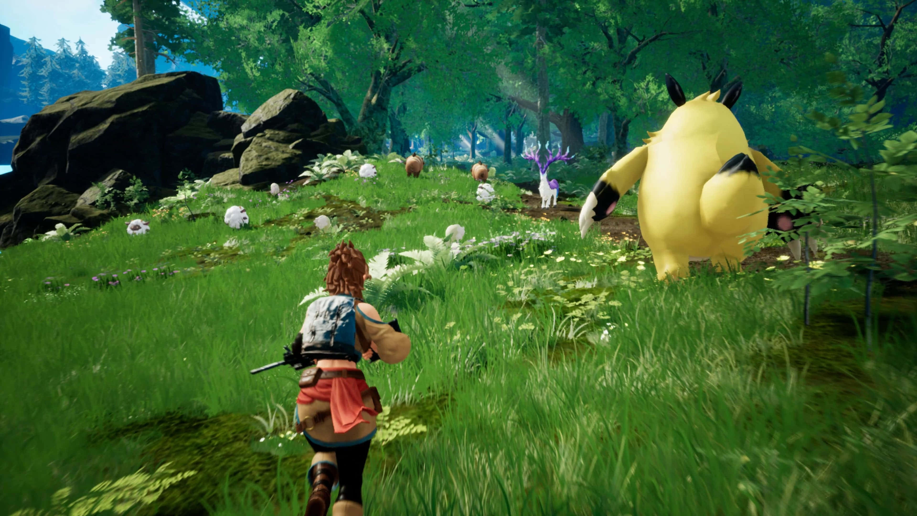 Palworld, vibrant green forest, large yellow creature, 4K Desktop Wallpaper